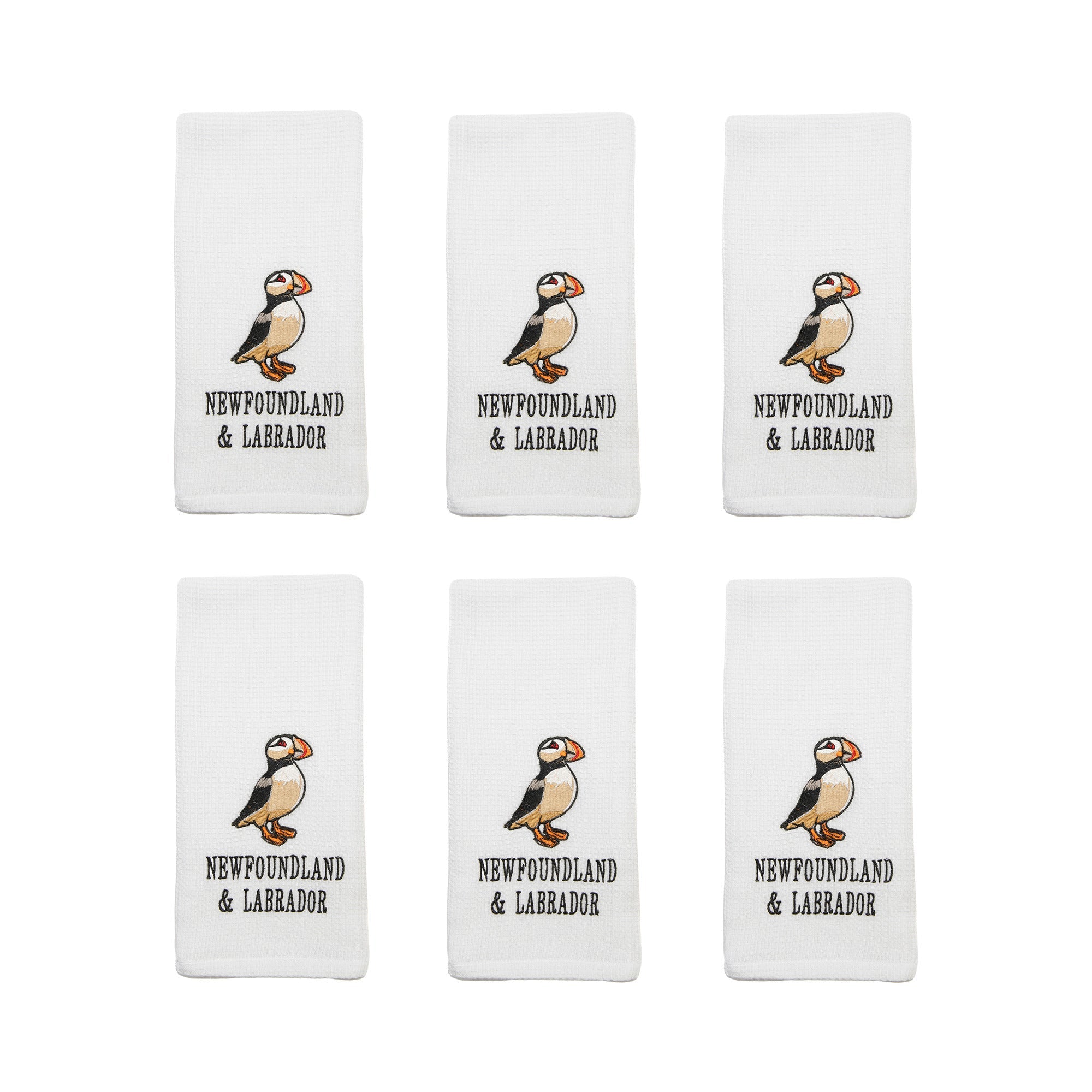 White Waffle Kitchen Towel with Embroidered Puffin - Set of 6