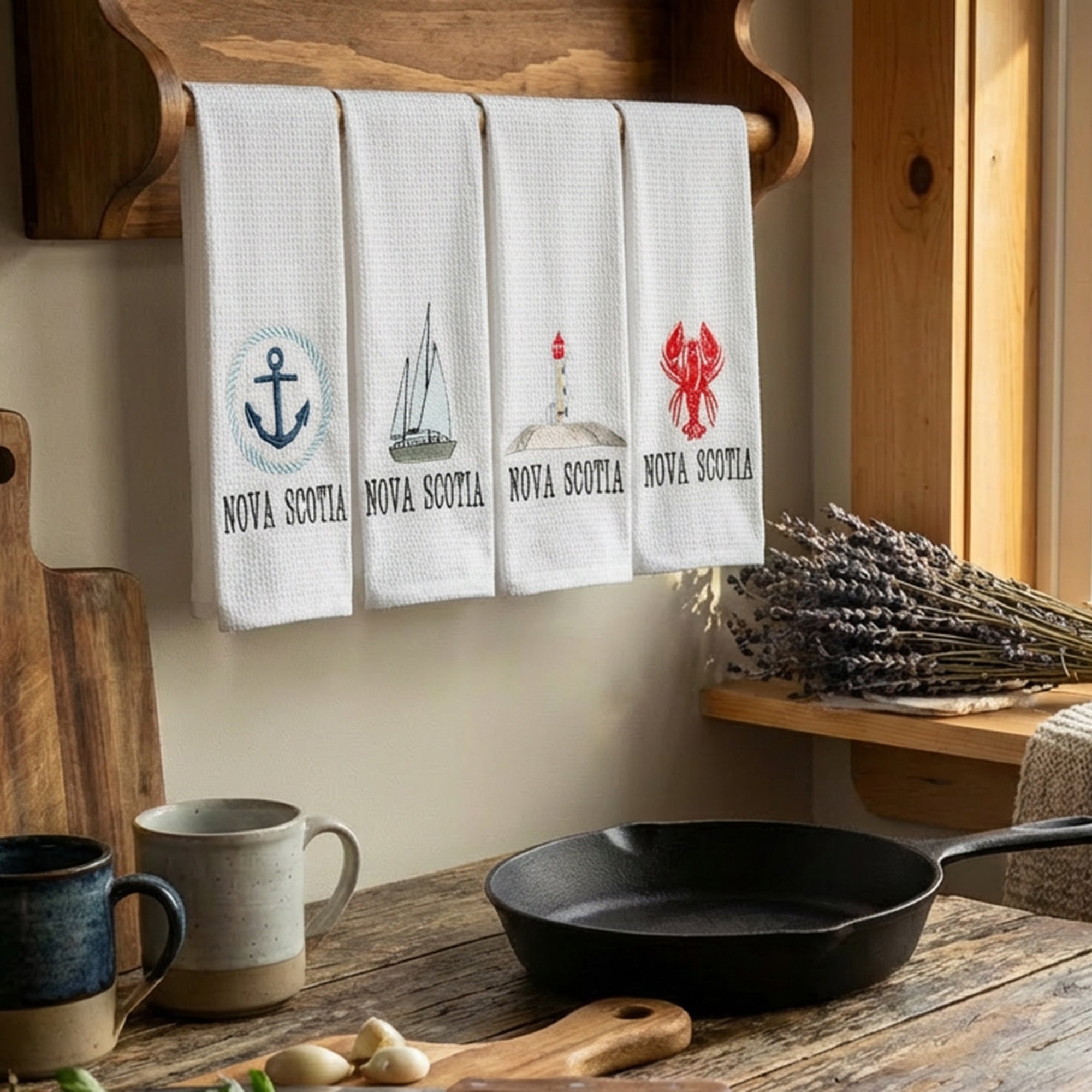 Assorted White Waffle Kitchen Towels with Nova Scotia Themes - Set of 6