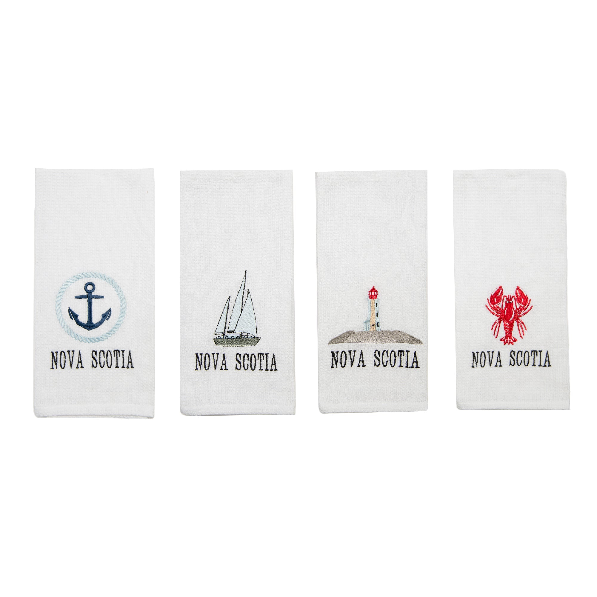 Assorted White Waffle Kitchen Towels with Nova Scotia Themes - Set of 6