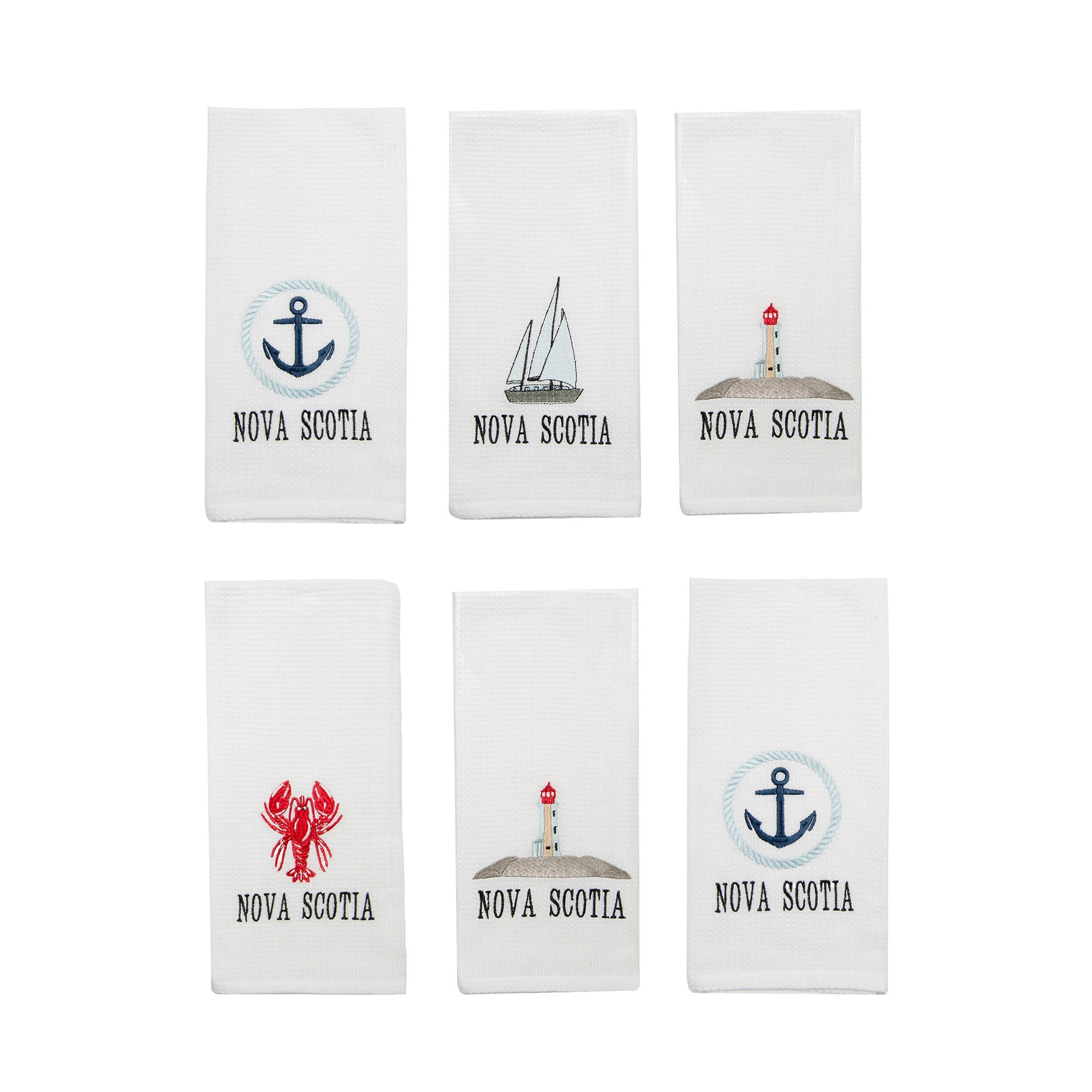 Assorted White Waffle Kitchen Towels with Nova Scotia Themes - Set of 6
