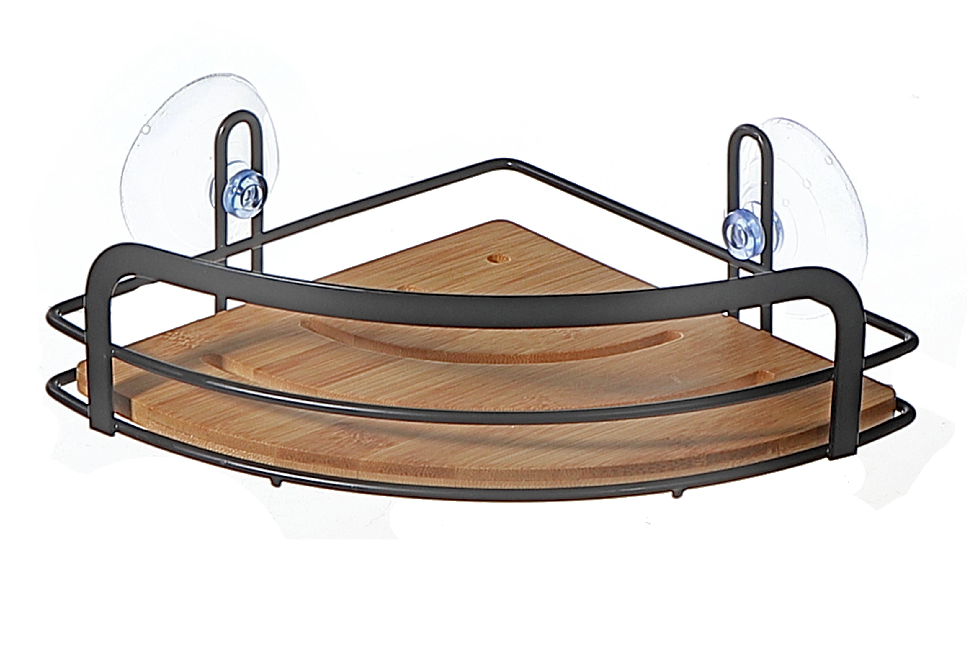 Metal Suction Cup Corner Caddy with Bamboo – Bathroom Storage Organizer
