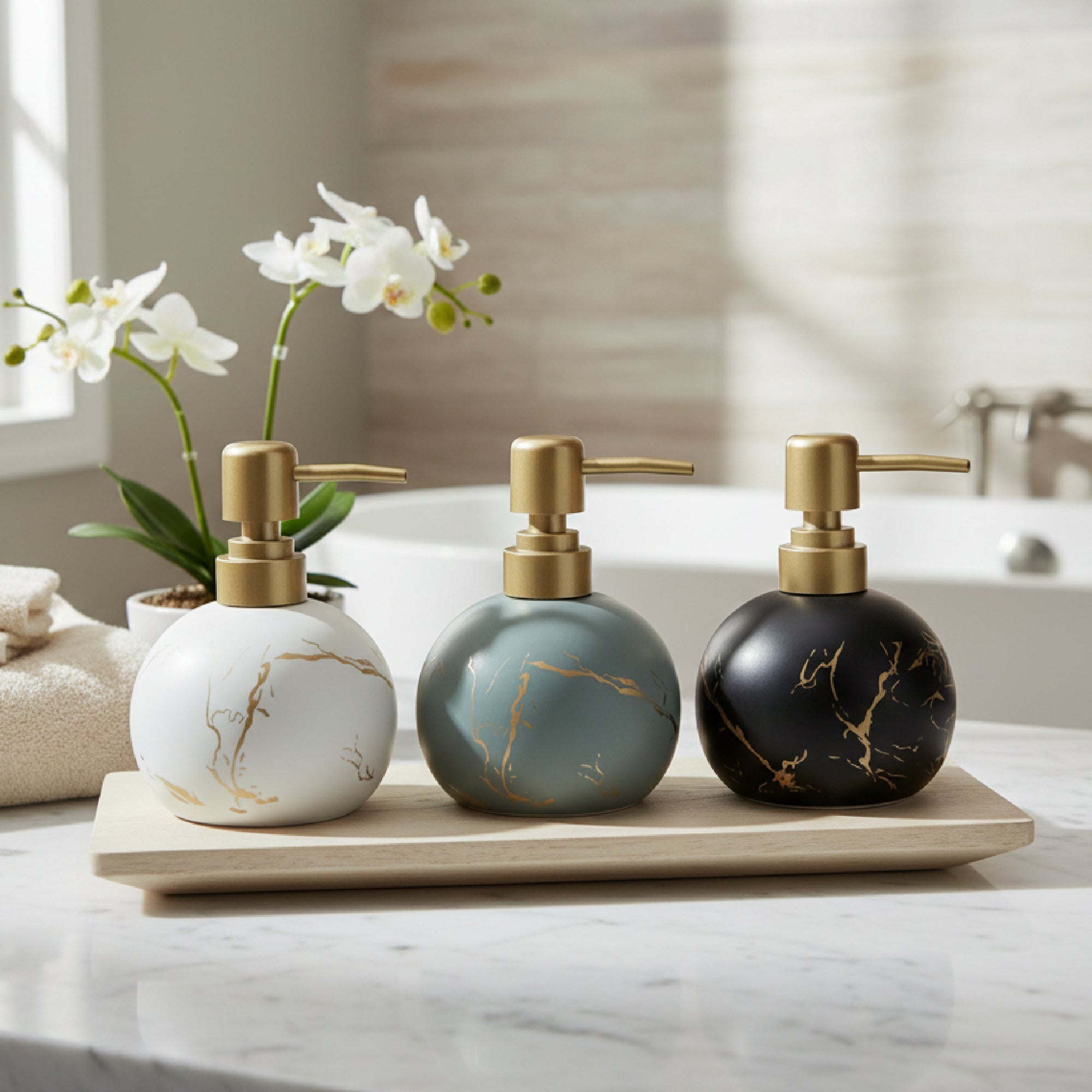 Assorted Marble Pattern Stoneware Soap Dispensers - Set of 3