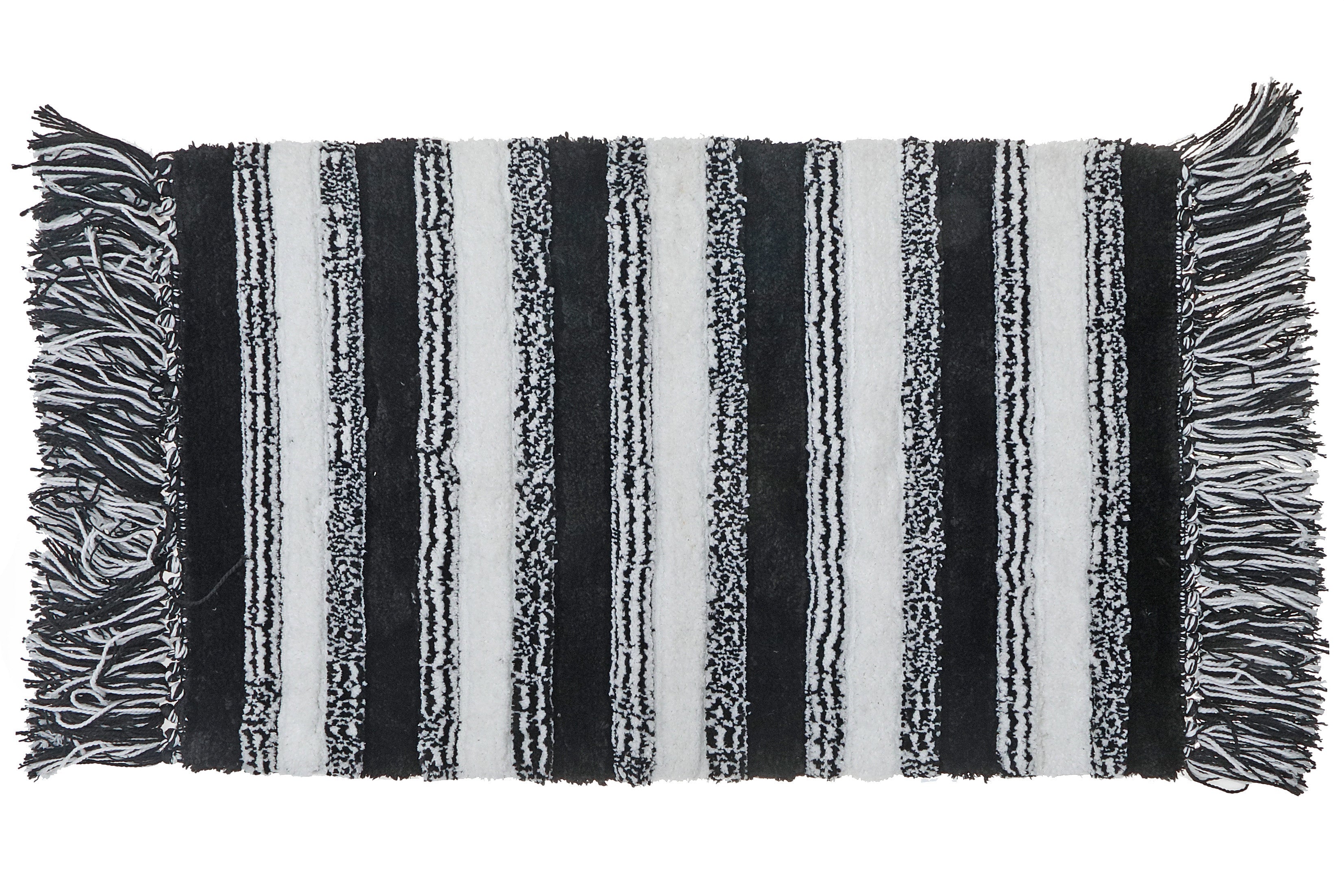 Microfibre Striped Bath Mat With Fringe Black 20x32 Inch, Bathroom Rug, Home Decor