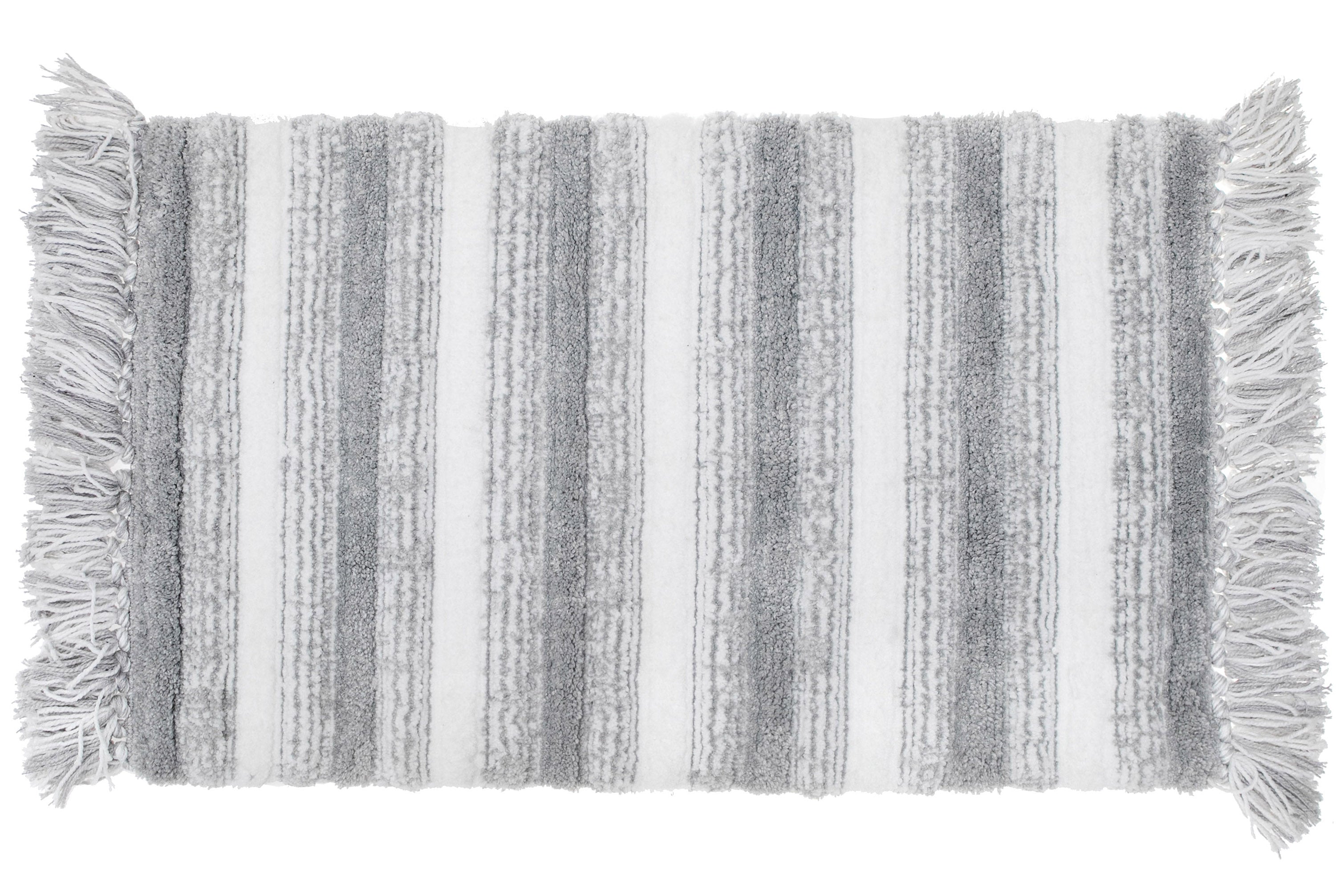 Microfibre Striped Bath Mat With Fringe Silver 20x32 Inch, Bathroom Rug, Home Decor