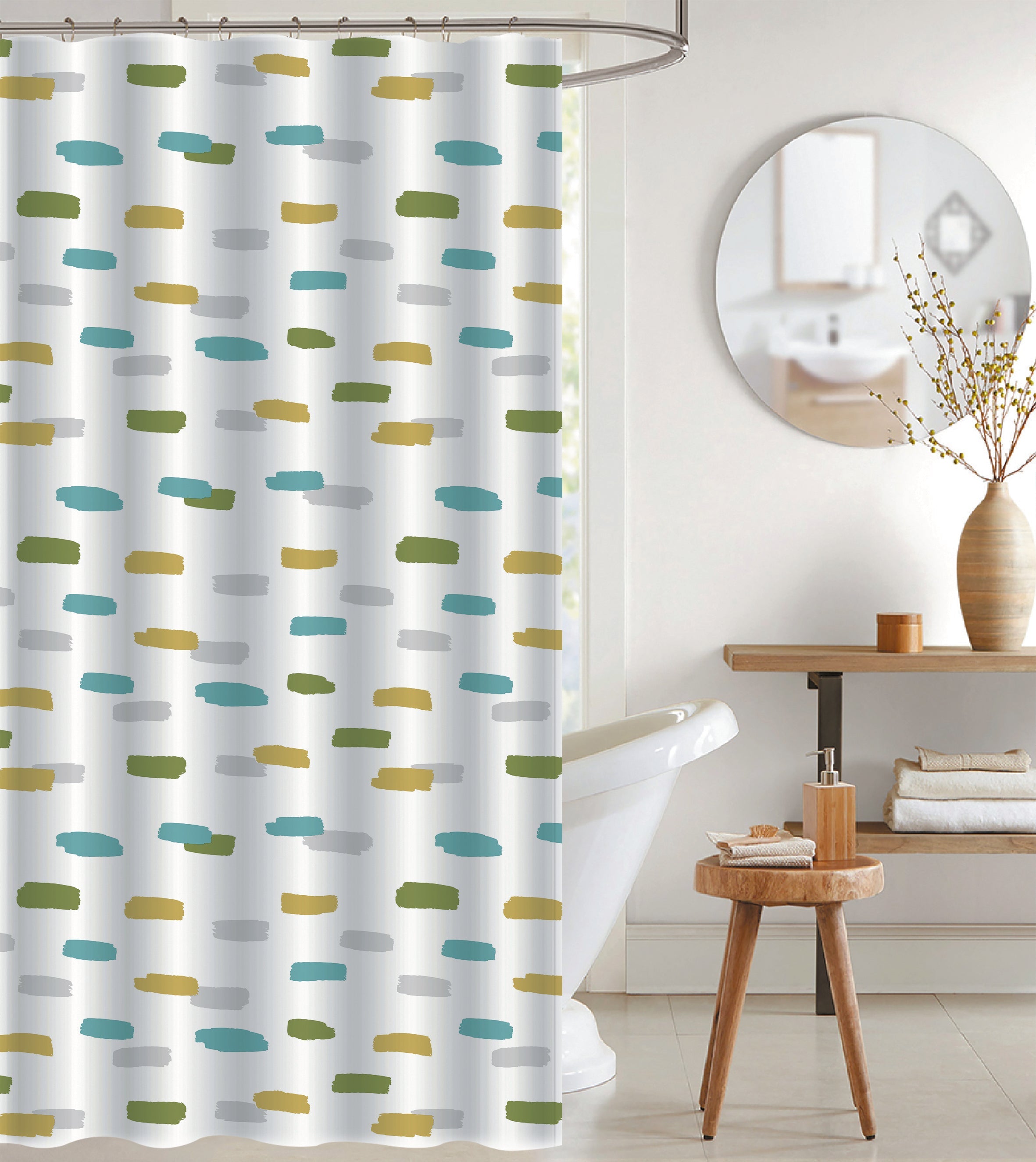 PEVA Shower Curtain Hyphen Pattern With 12 Polyresin Hooks, Bathroom Decor, Waterproof