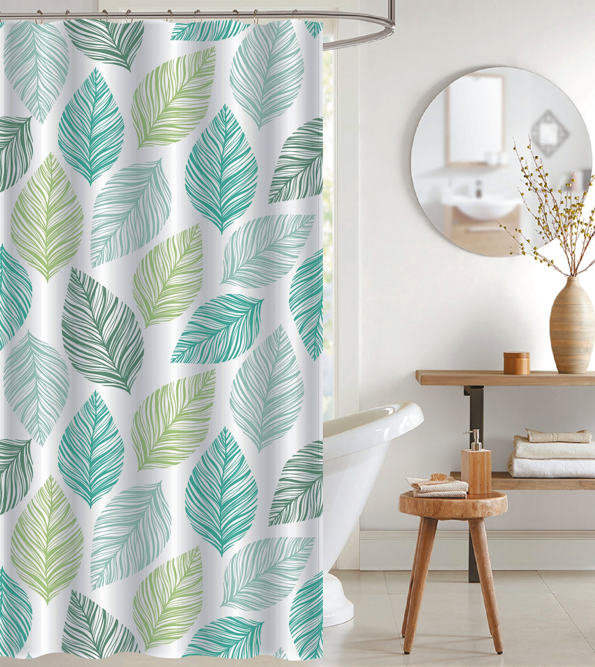 PEVA Shower Curtain Leaflet With 12 Polyresin Hooks, Bathroom Decor, Waterproof
