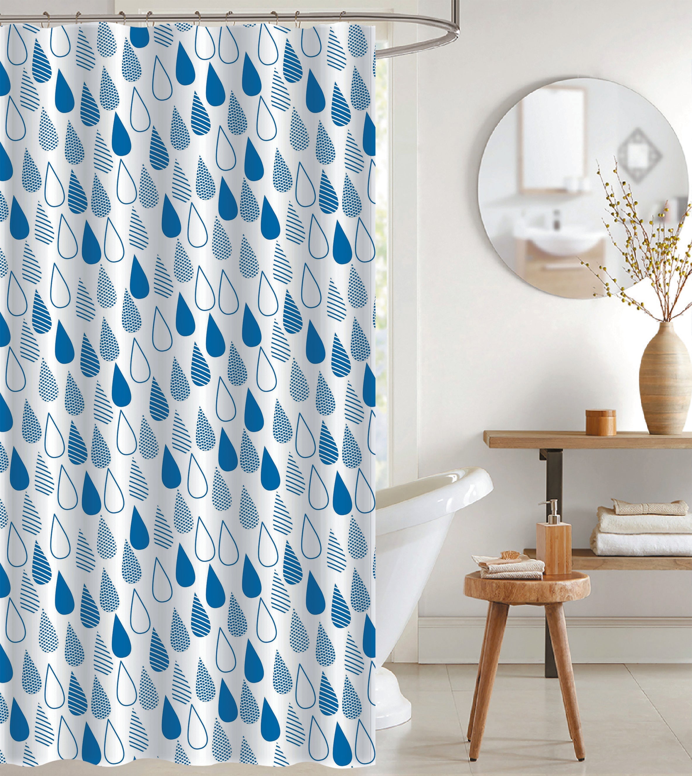 PEVA Shower Curtain Raindrops With 12 Polyresin Hooks, Bathroom Decor, Waterproof