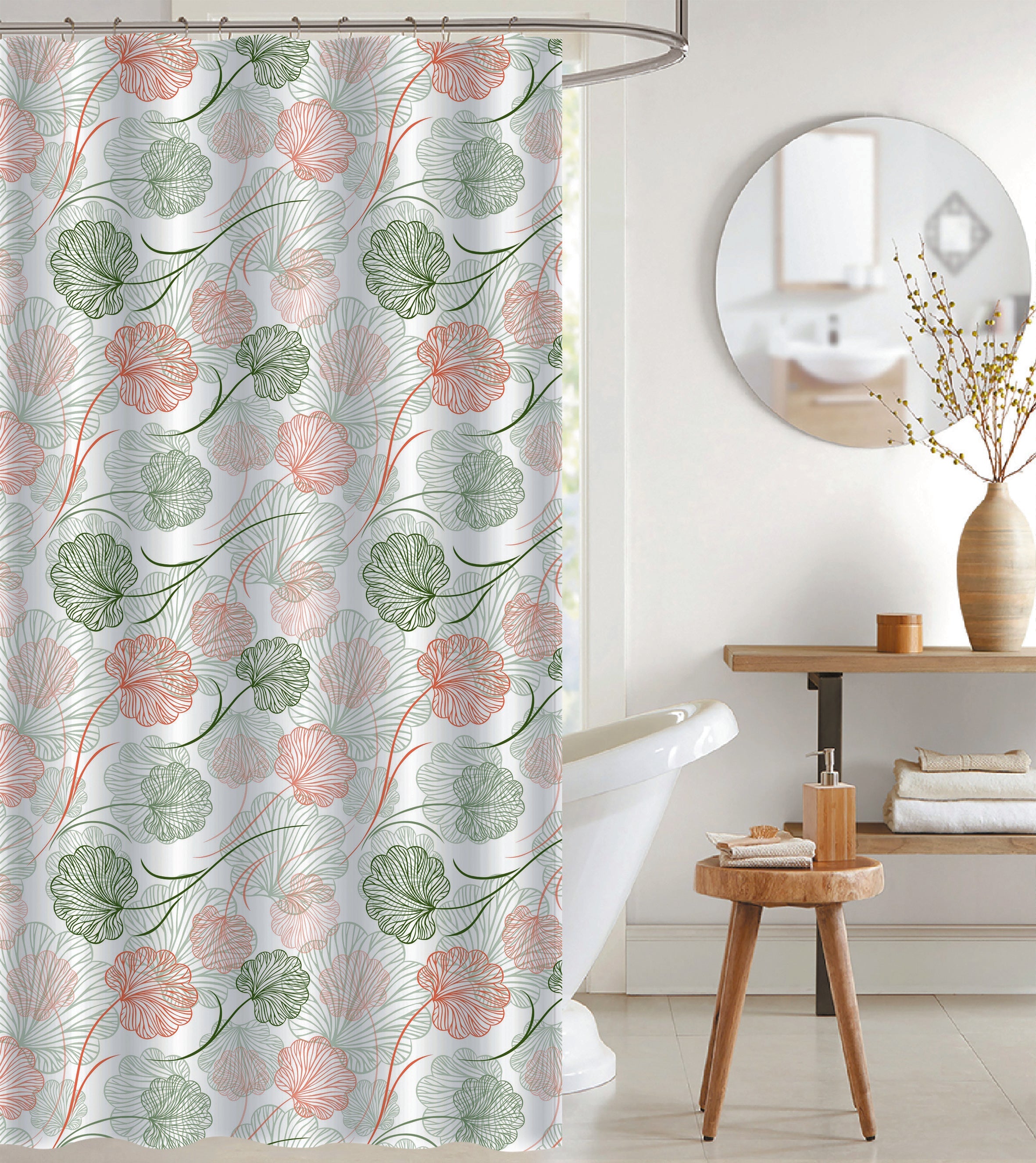 PEVA Shower Curtain Wispy Floral With 12 Polyresin Hooks, Bathroom Decor, Waterproof