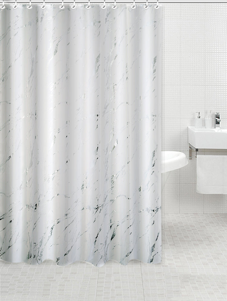 Polyester Silver Foil Marble Printed Shower Curtain (White)