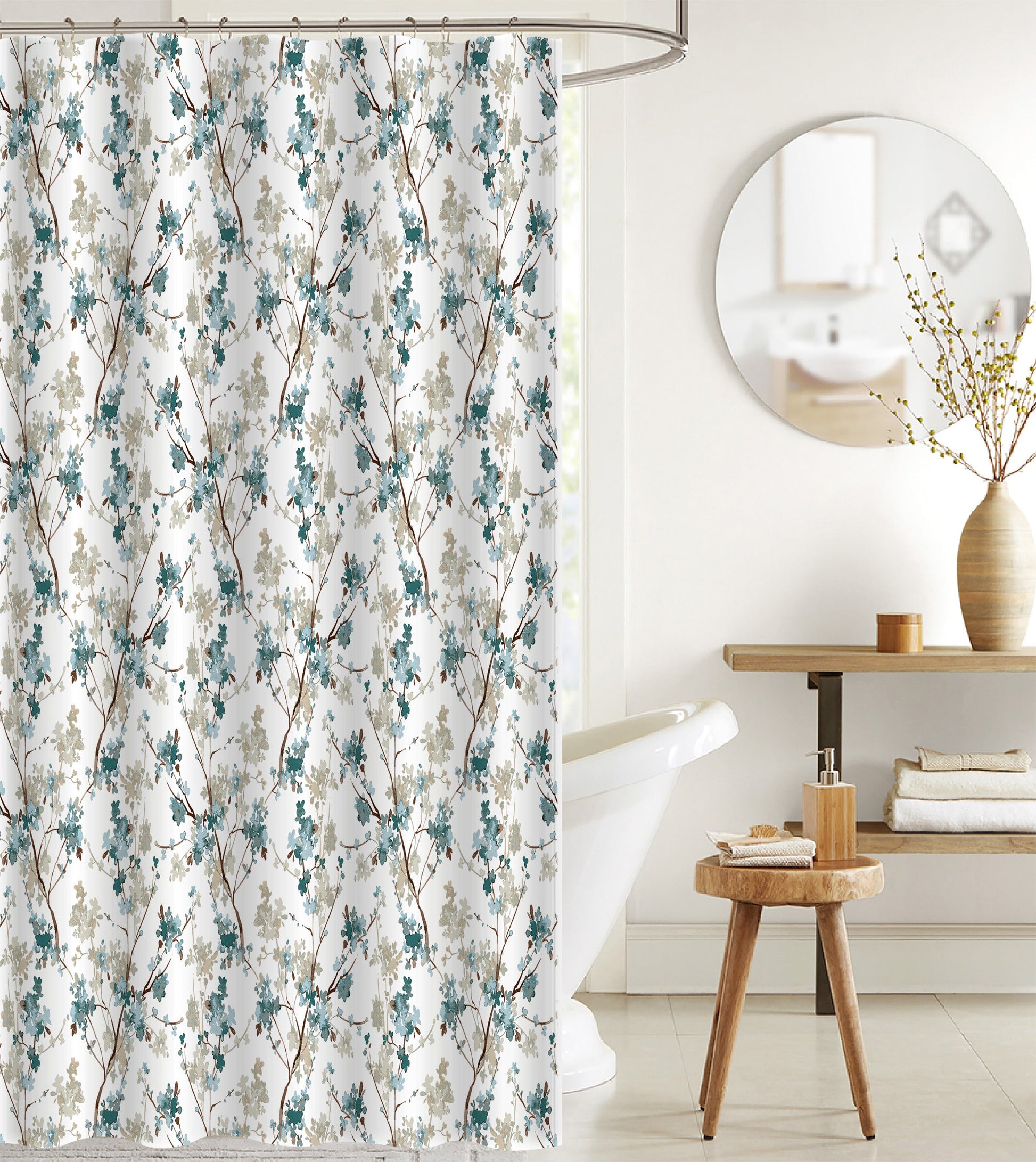 Printed Canvas Shower Curtain With Roller Hooks (Floral)