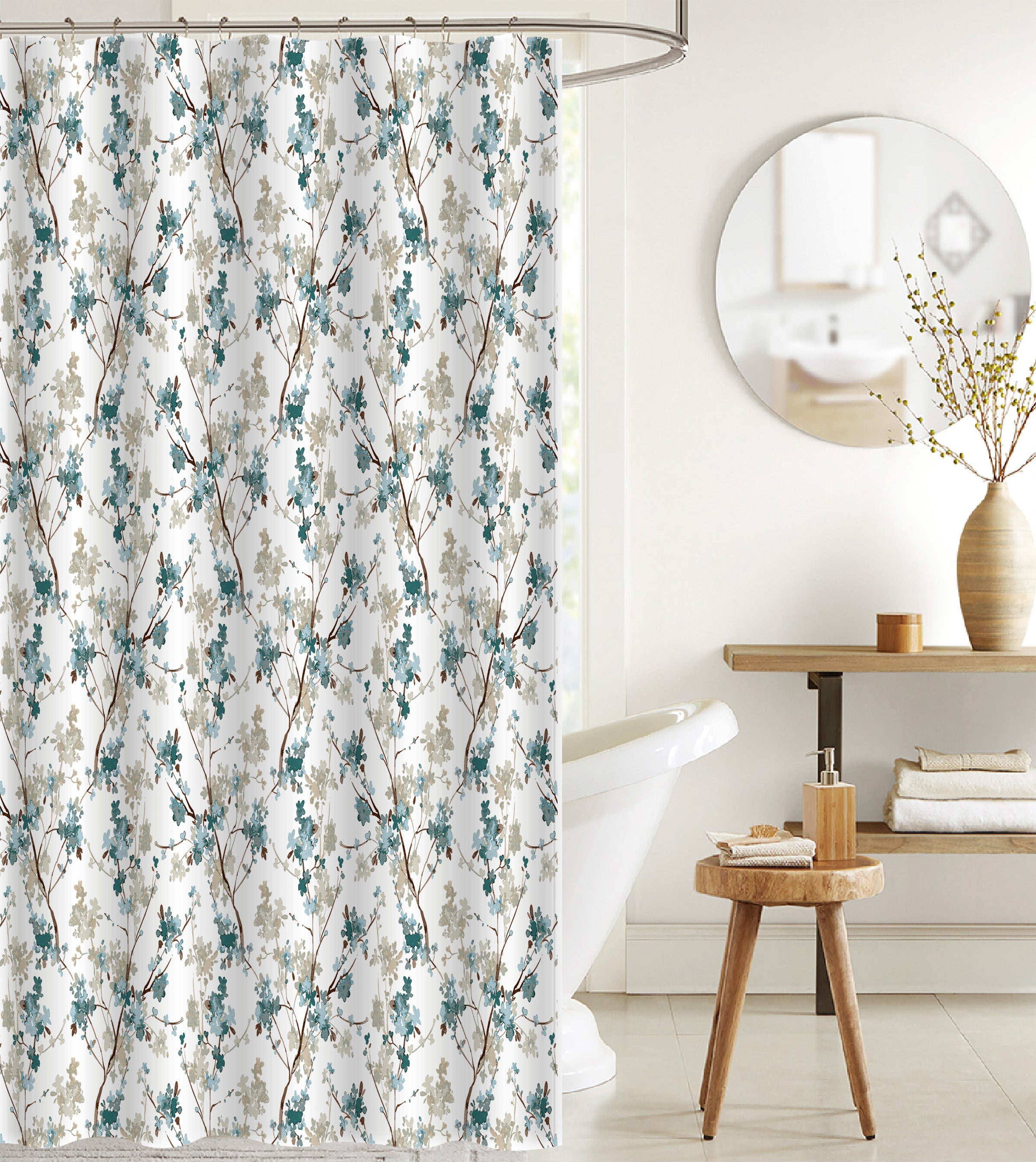Printed Canvas Shower Curtain With Roller Hooks (Floral)