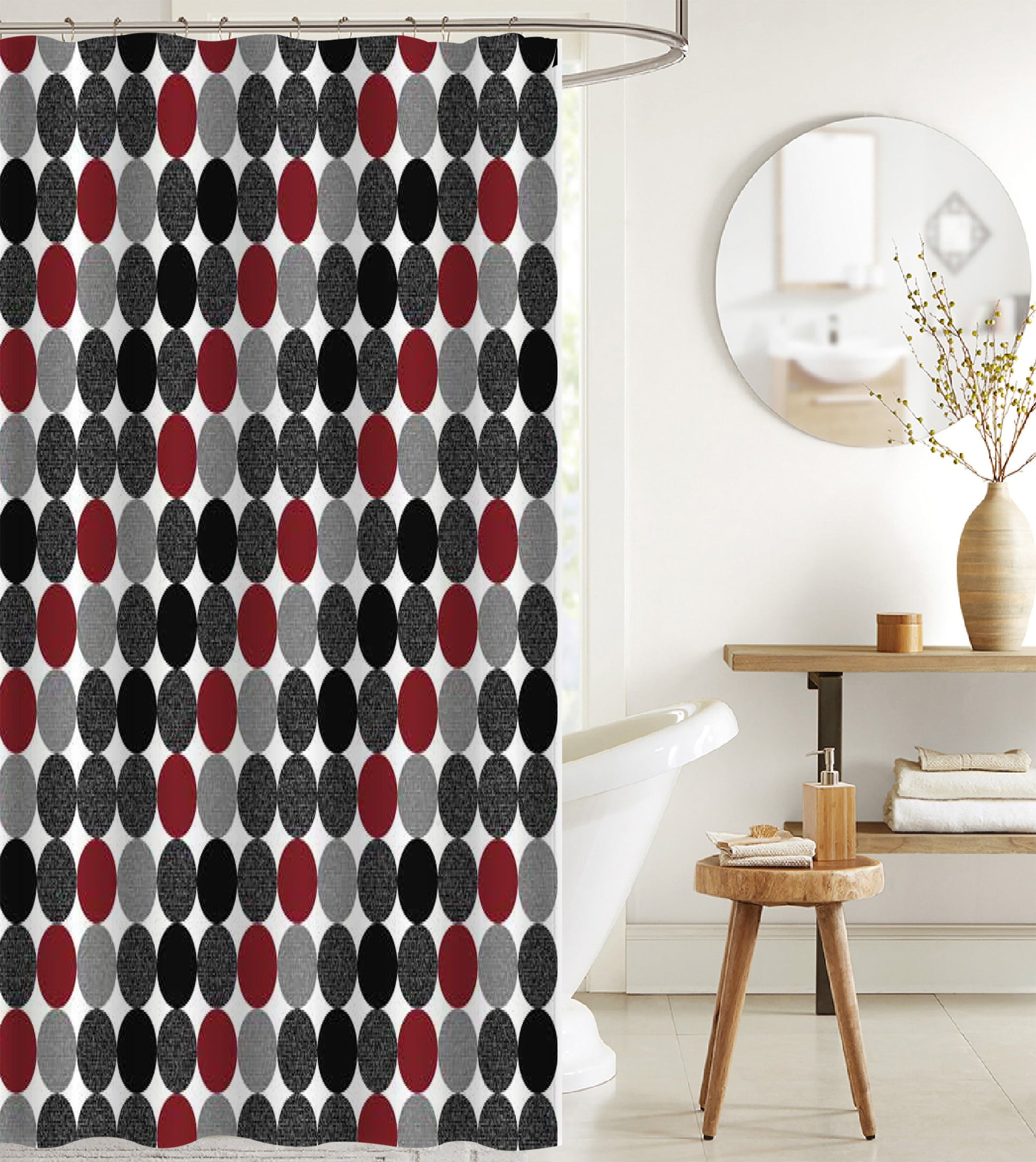 Printed Canvas Shower Curtain With Roller Hooks (Solid Ovals)