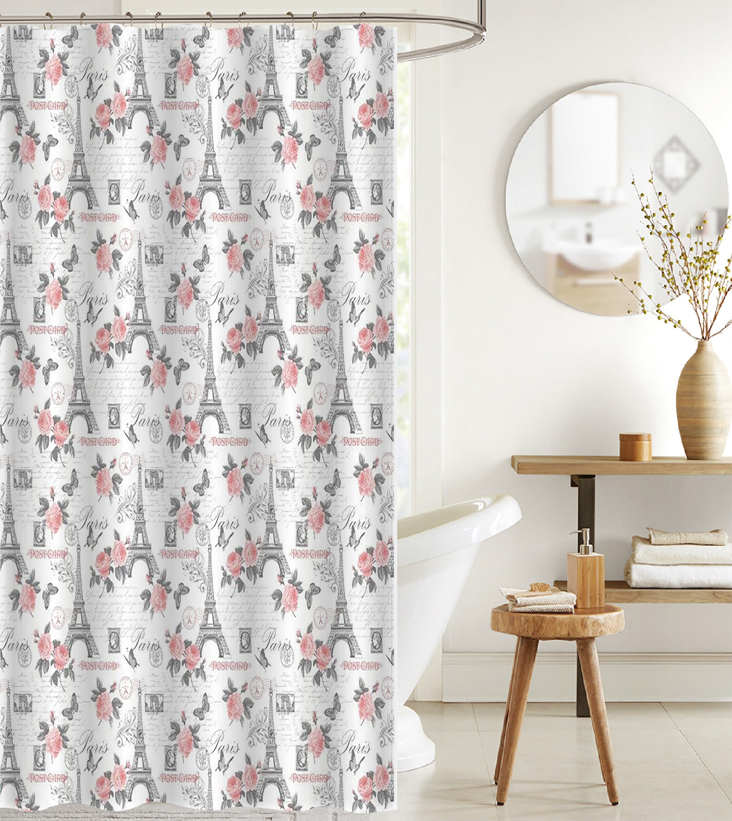 Printed Canvas Shower Curtain With Roller Hooks (Paris)