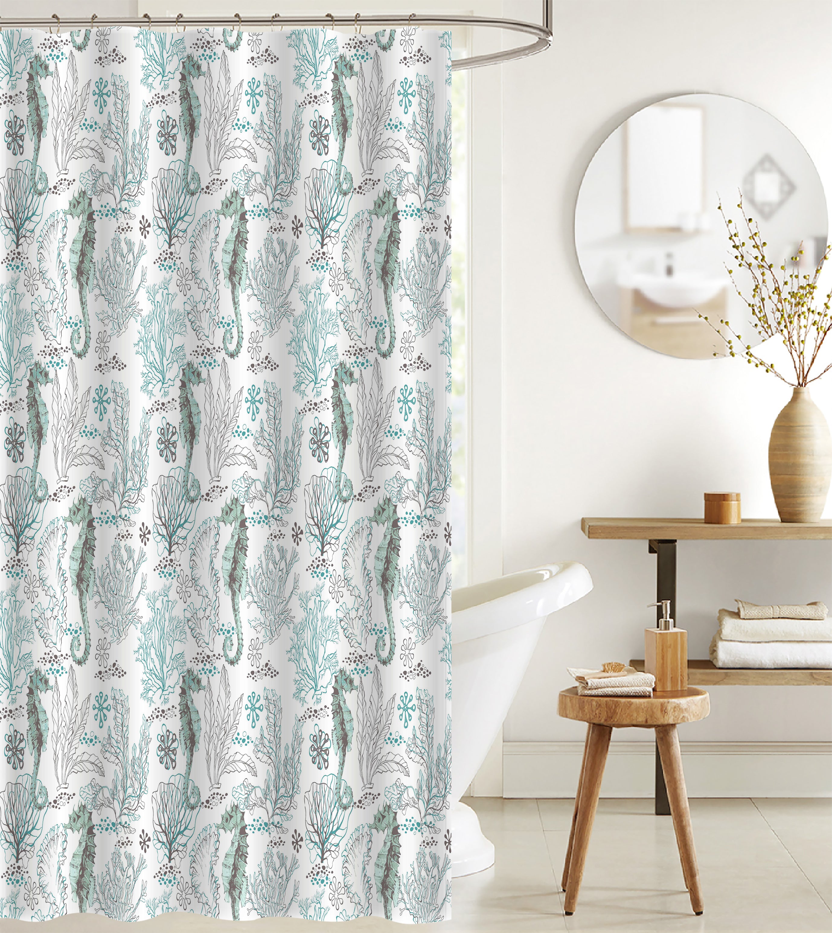 Printed Canvas Shower Curtain With Roller Hooks Seahorse Ocean Theme Bathroom Curtain