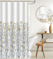 Printed Canvas Shower Curtain Yellow Floral With Roller Hooks, Bathroom Decor, Waterproof