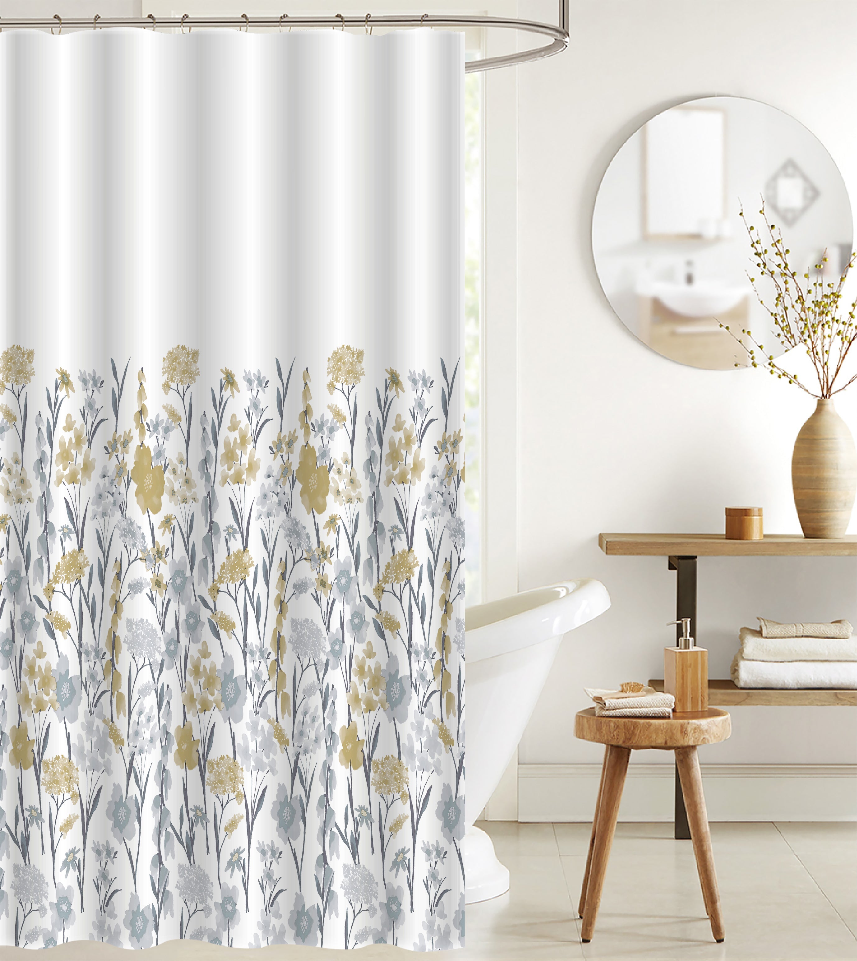 Printed Canvas Shower Curtain Yellow Floral With Roller Hooks, Bathroom Decor, Waterproof