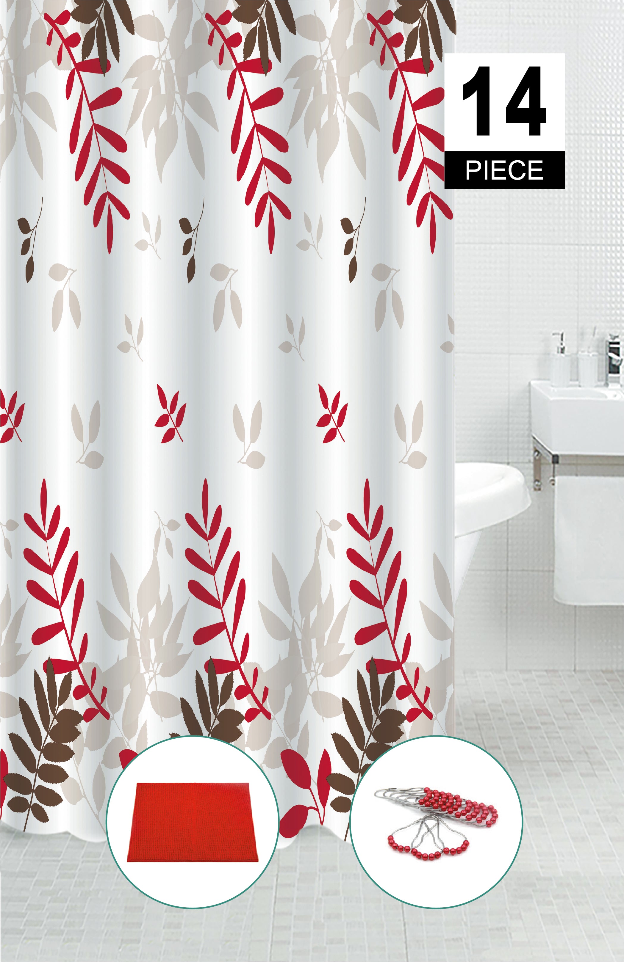 14 Piece PEVA Shower Curtain Set Fern With 12 Hooks And Bathmat, Bathroom Decor, Waterproof