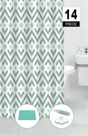 14 Piece PEVA Shower Curtain Set With 12 Hooks and Bath Mat Geo Diamond Pattern Bathroom Set