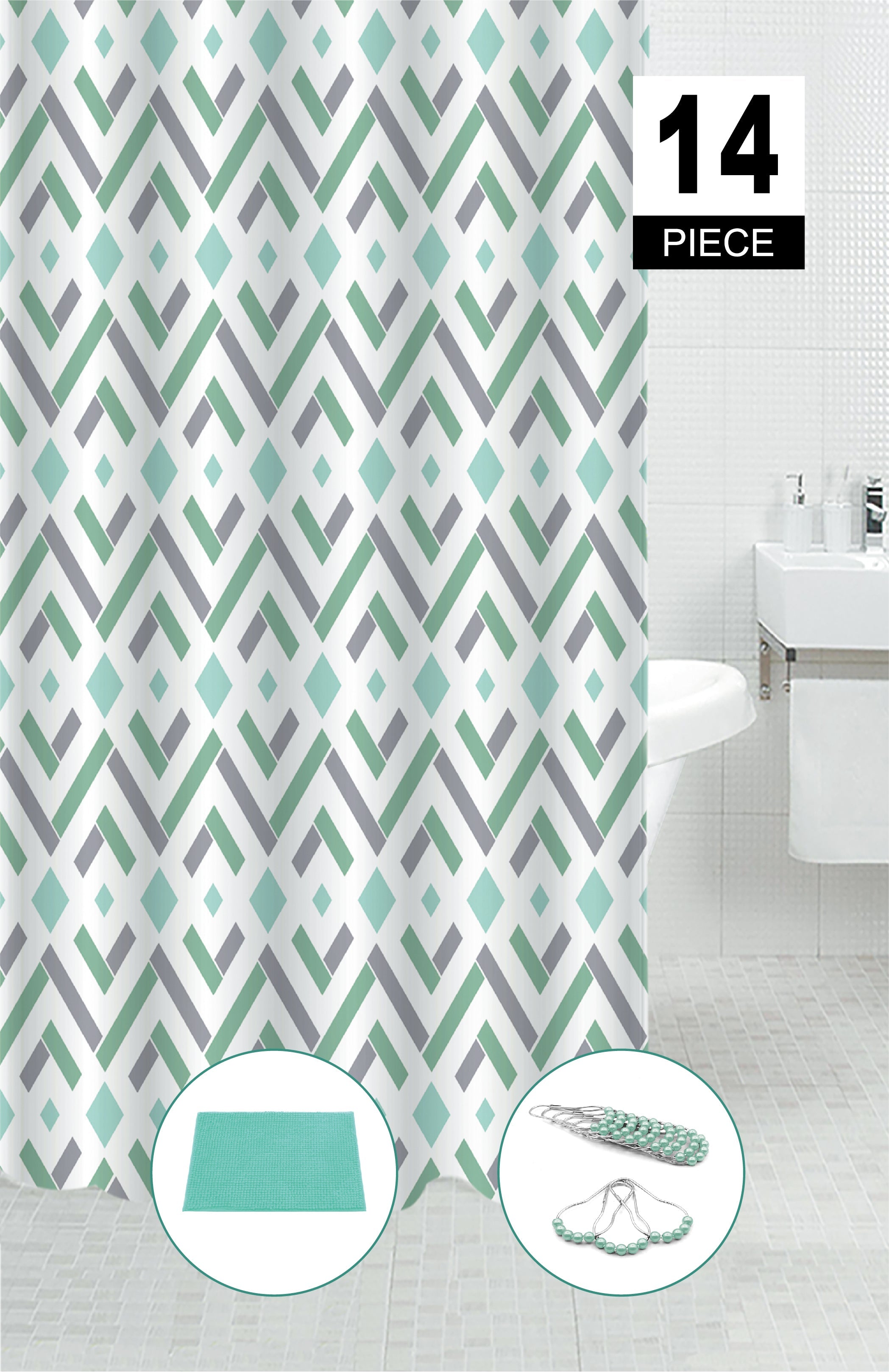 14 Piece PEVA Shower Curtain Set With 12 Hooks and Bath Mat Geo Diamond Pattern Bathroom Set