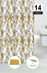 14 Piece PEVA Shower Curtain Set With 12 Hooks and Bath Mat Honey Mustard Bathroom Decor