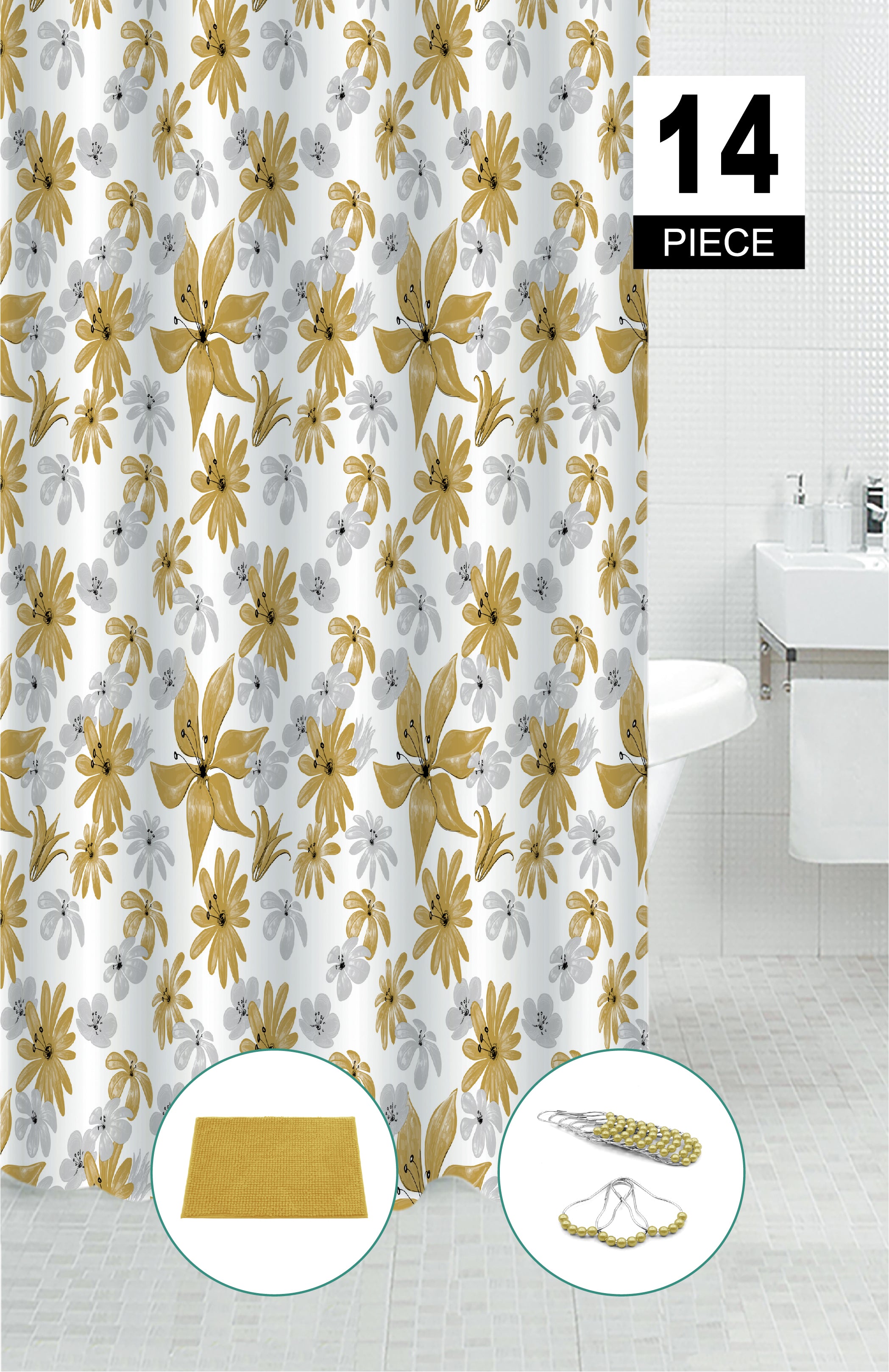 14 Piece PEVA Shower Curtain Set With 12 Hooks and Bath Mat Honey Mustard Bathroom Decor