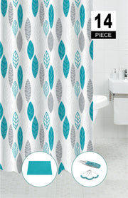 14 Piece PEVA Shower Curtain Set With 12 Hooks and Bath Mat Leaves Botanical Bathroom Decor
