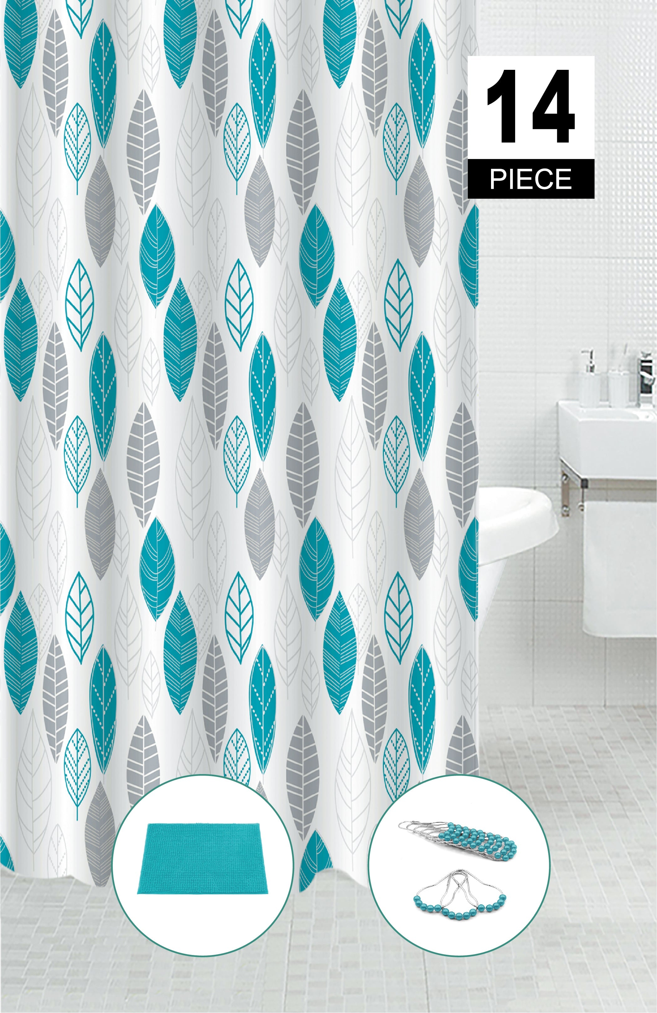14 Piece PEVA Shower Curtain Set With 12 Hooks and Bath Mat Leaves Botanical Bathroom Decor