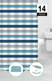 14 Piece PEVA Shower Curtain Set Navy Striped With 12 Hooks And Bathmat, Bathroom Decor, Waterproof