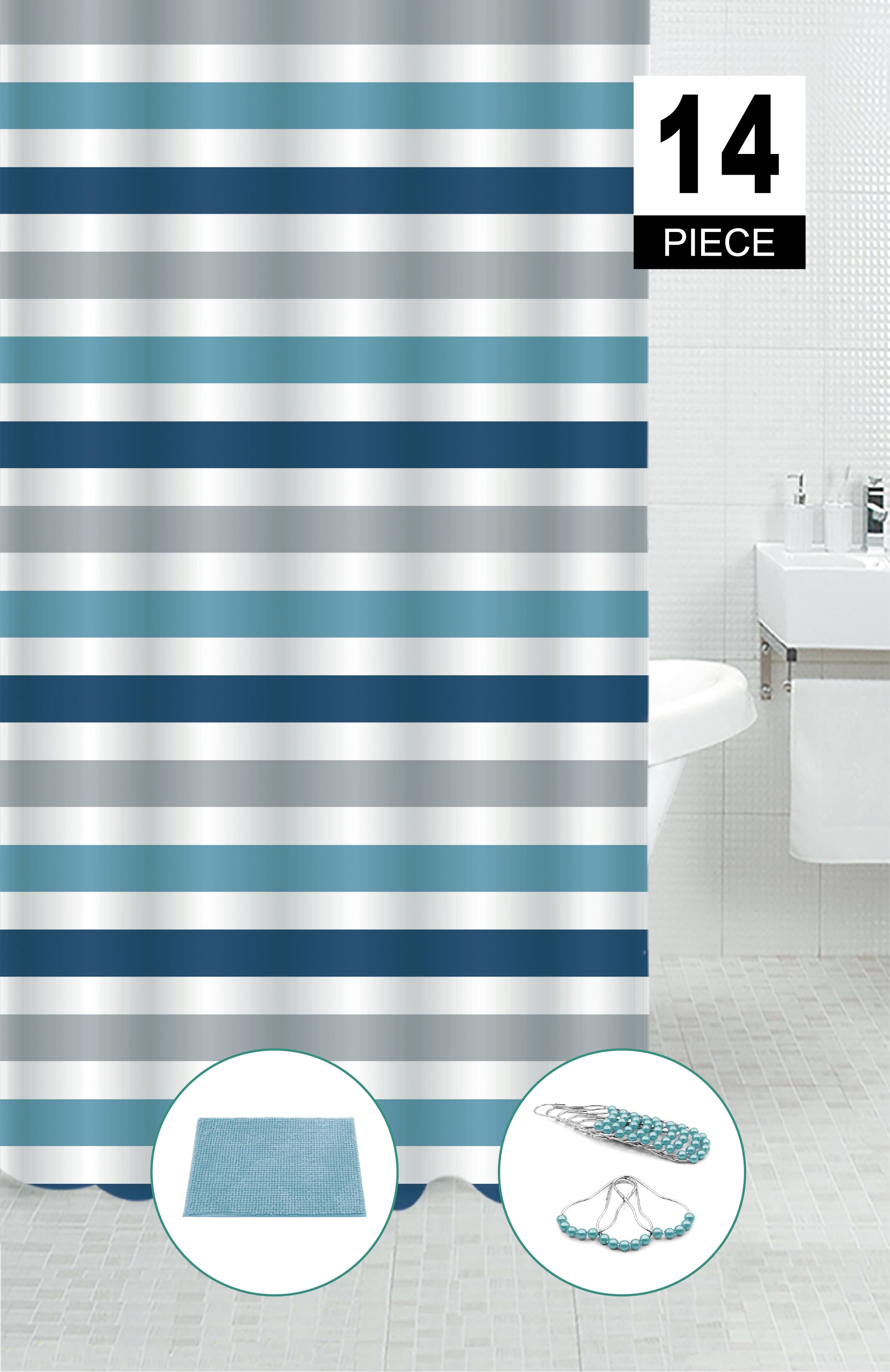 14 Piece PEVA Shower Curtain Set Navy Striped With 12 Hooks And Bathmat, Bathroom Decor, Waterproof