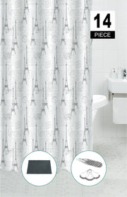 14 Piece PEVA Shower Curtain Set With 12 Hooks and Bath Mat Paris Design Bathroom Decor Set