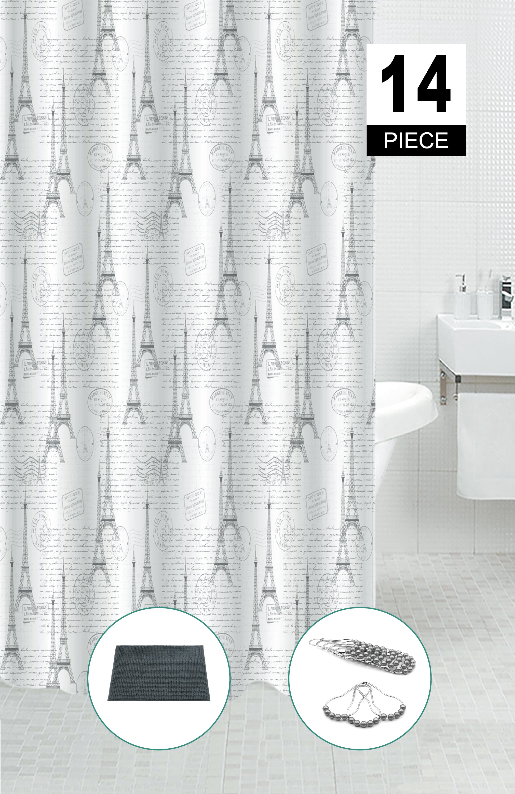 14 Piece PEVA Shower Curtain Set With 12 Hooks and Bath Mat Paris Design Bathroom Decor Set