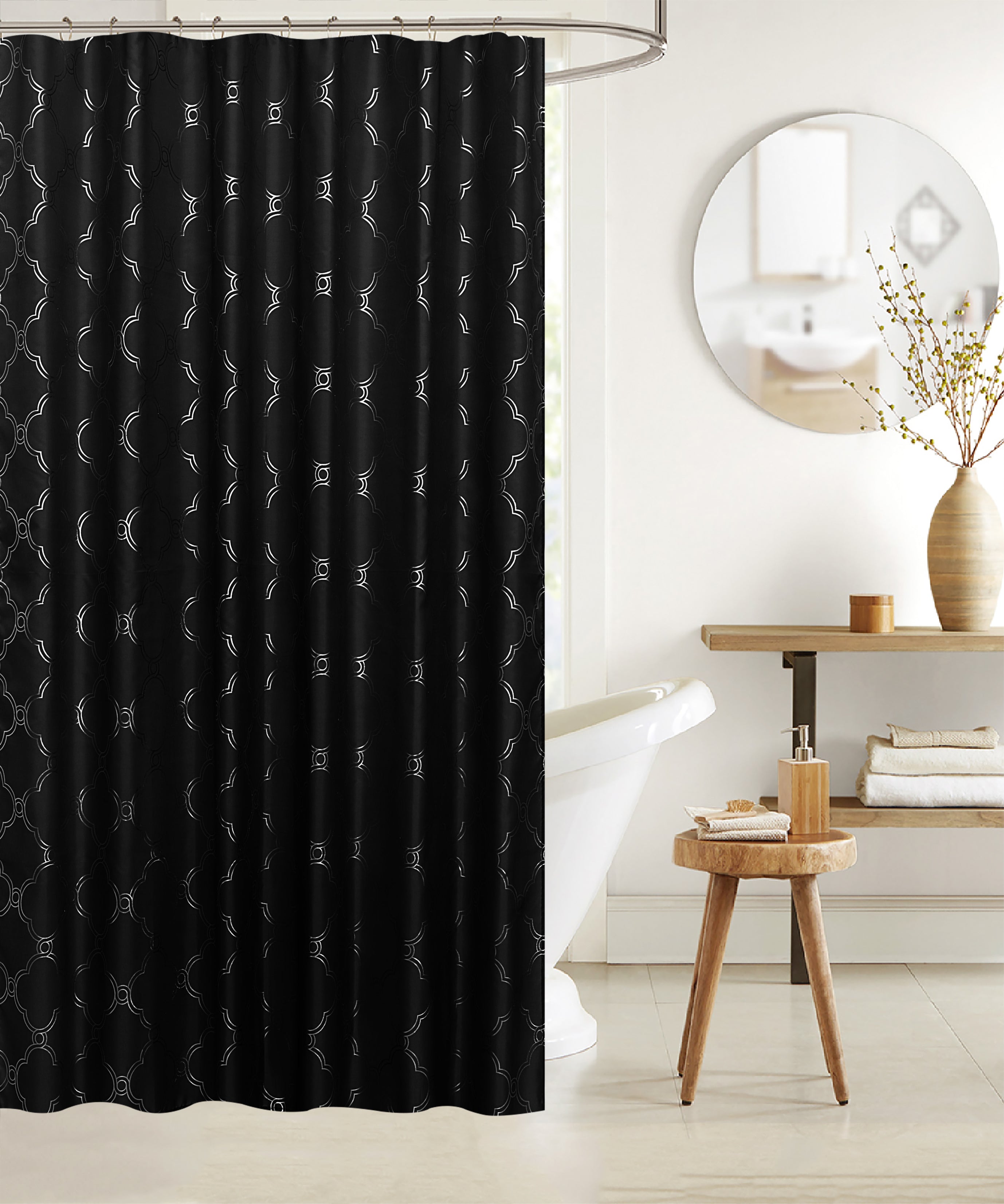 Polyester Silver Foil Trellis Printed Shower Curtain Black Contemporary Bathroom Curtain