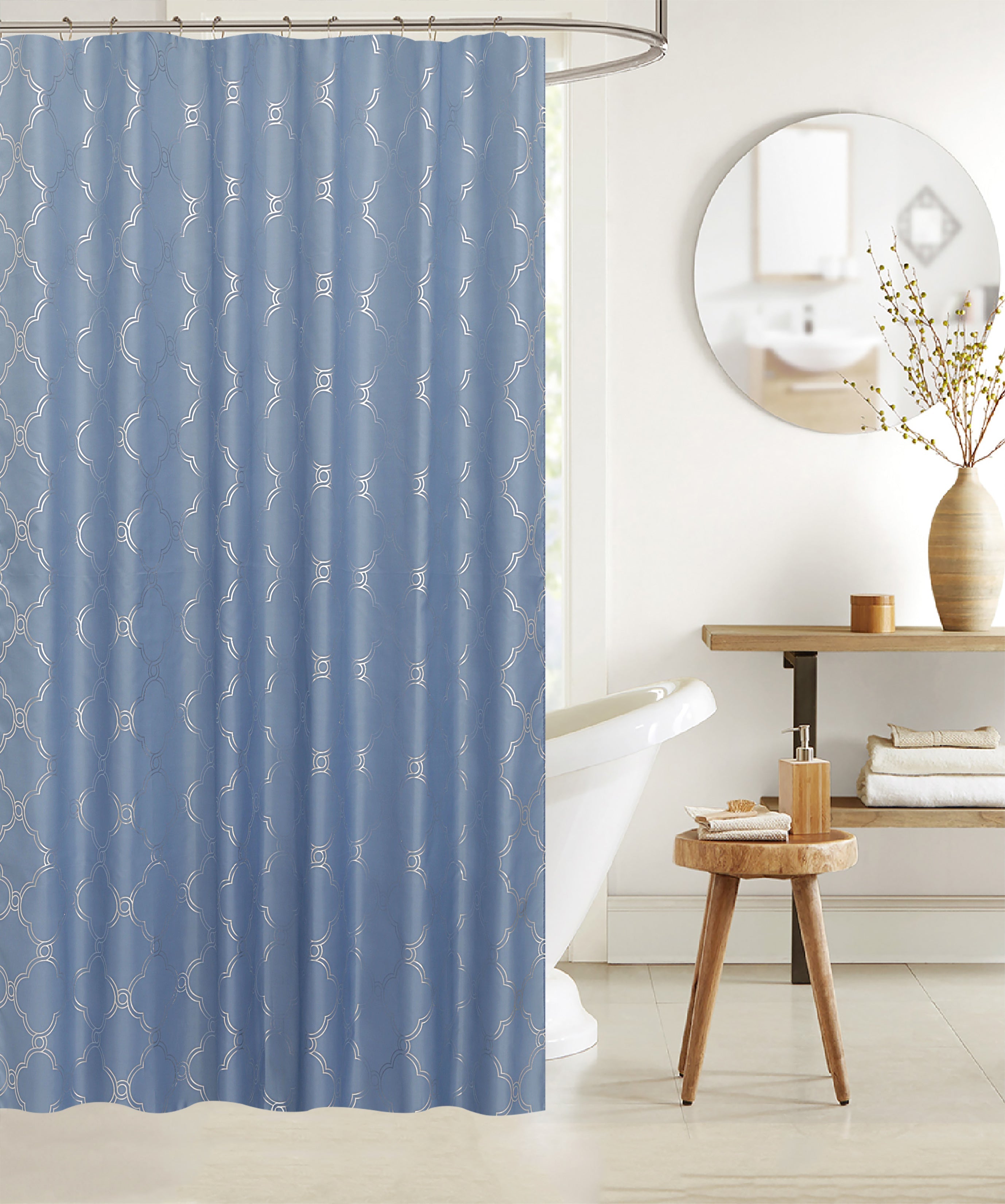 Polyester Silver Foil Trellis Printed Shower Curtain Blue Modern Bathroom Curtain