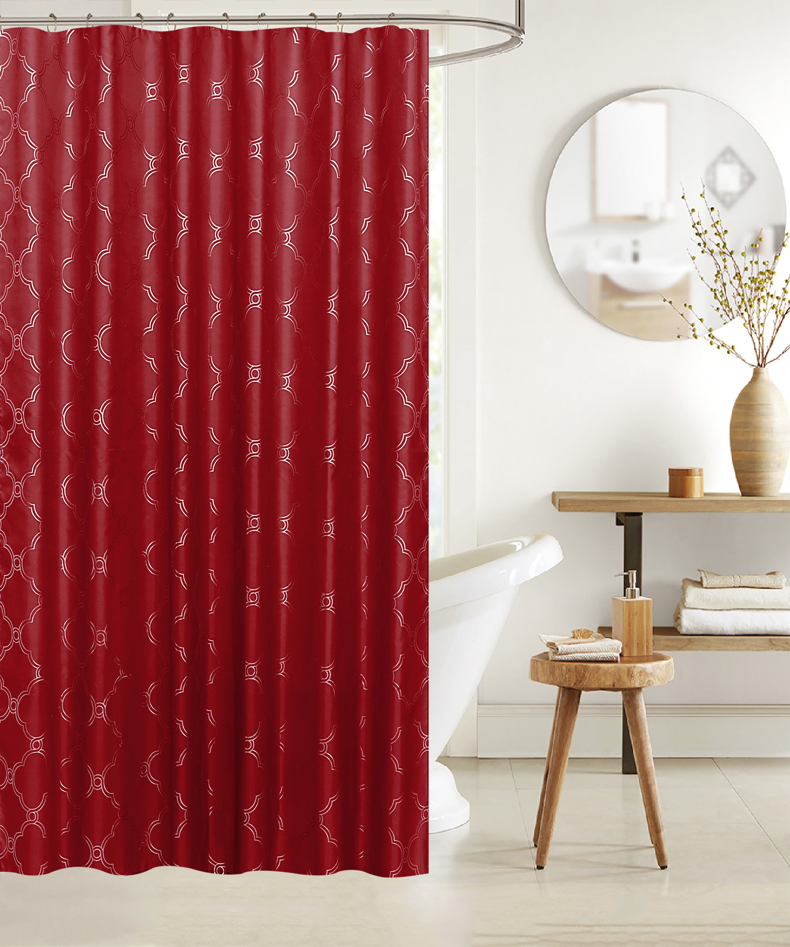 Polyester Silver Foil Trellis Printed Shower Curtain Red Decorative Bathroom Curtain