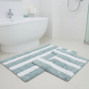 2-Piece Cotton-Polyester Bath Mat Set White with Blue Stripes