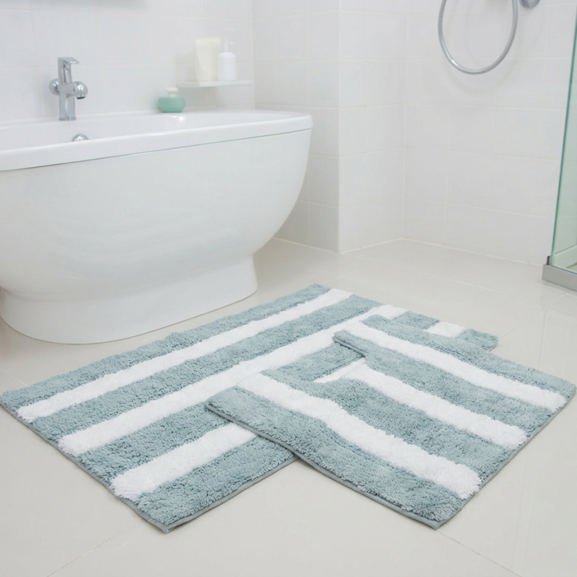 2-Piece Cotton-Polyester Bath Mat Set White with Blue Stripes