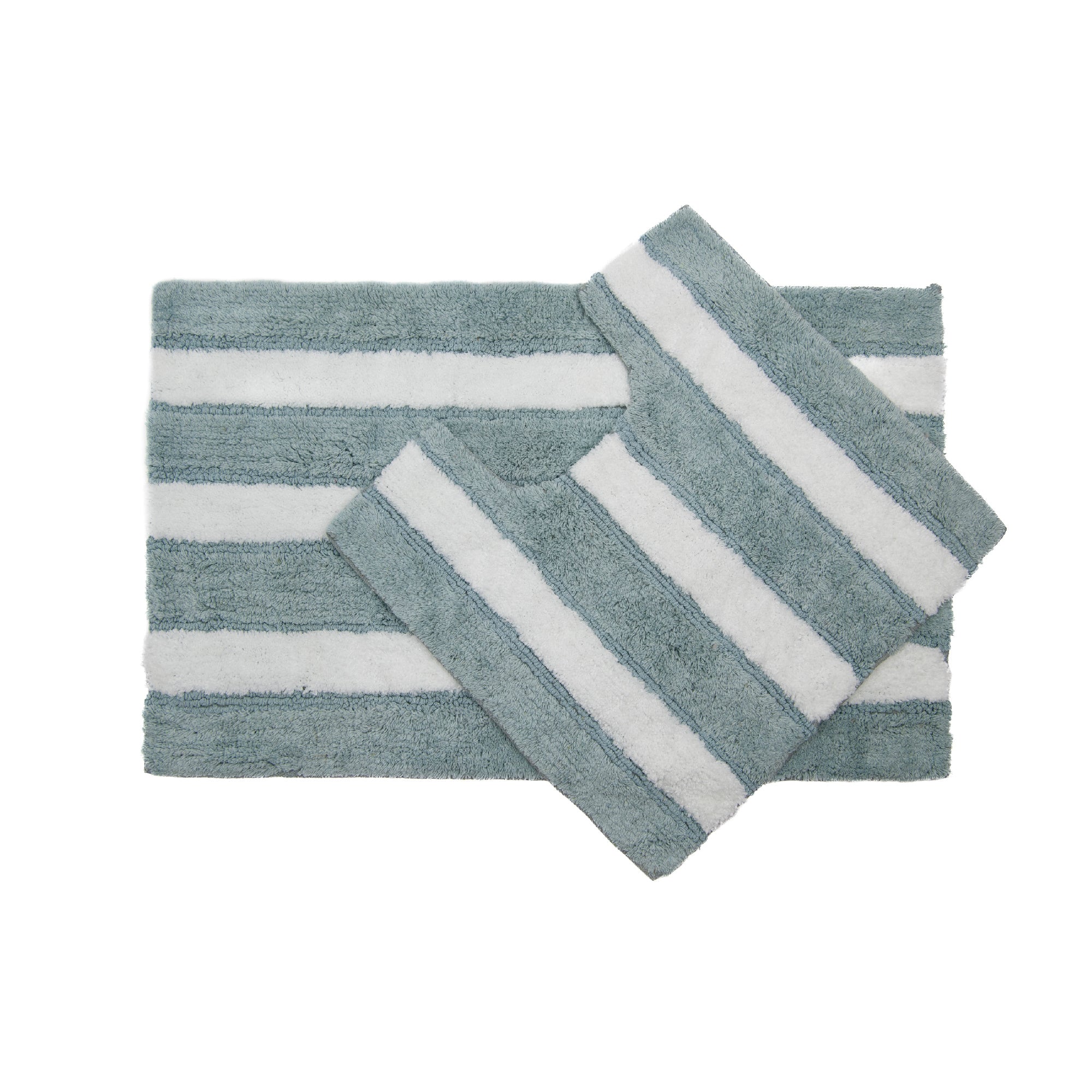 2-Piece Cotton-Polyester Bath Mat Set White with Blue Stripes