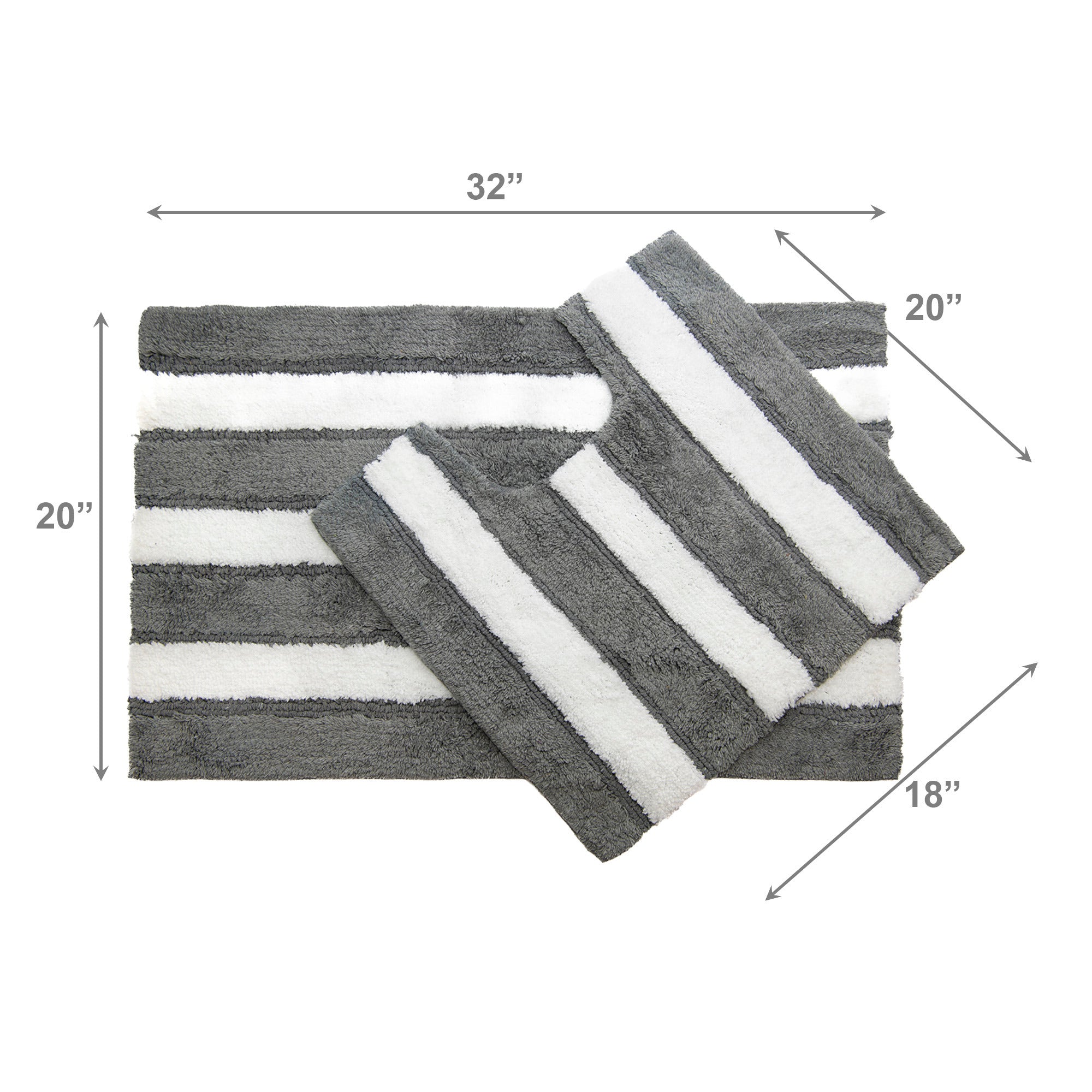 2-Piece Cotton-Polyester Bath Mat Set White with Grey Stripes