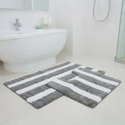 2-Piece Cotton-Polyester Bath Mat Set White with Grey Stripes