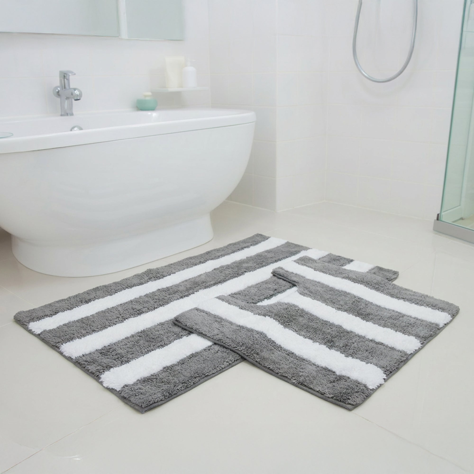2-Piece Cotton-Polyester Bath Mat Set White with Grey Stripes