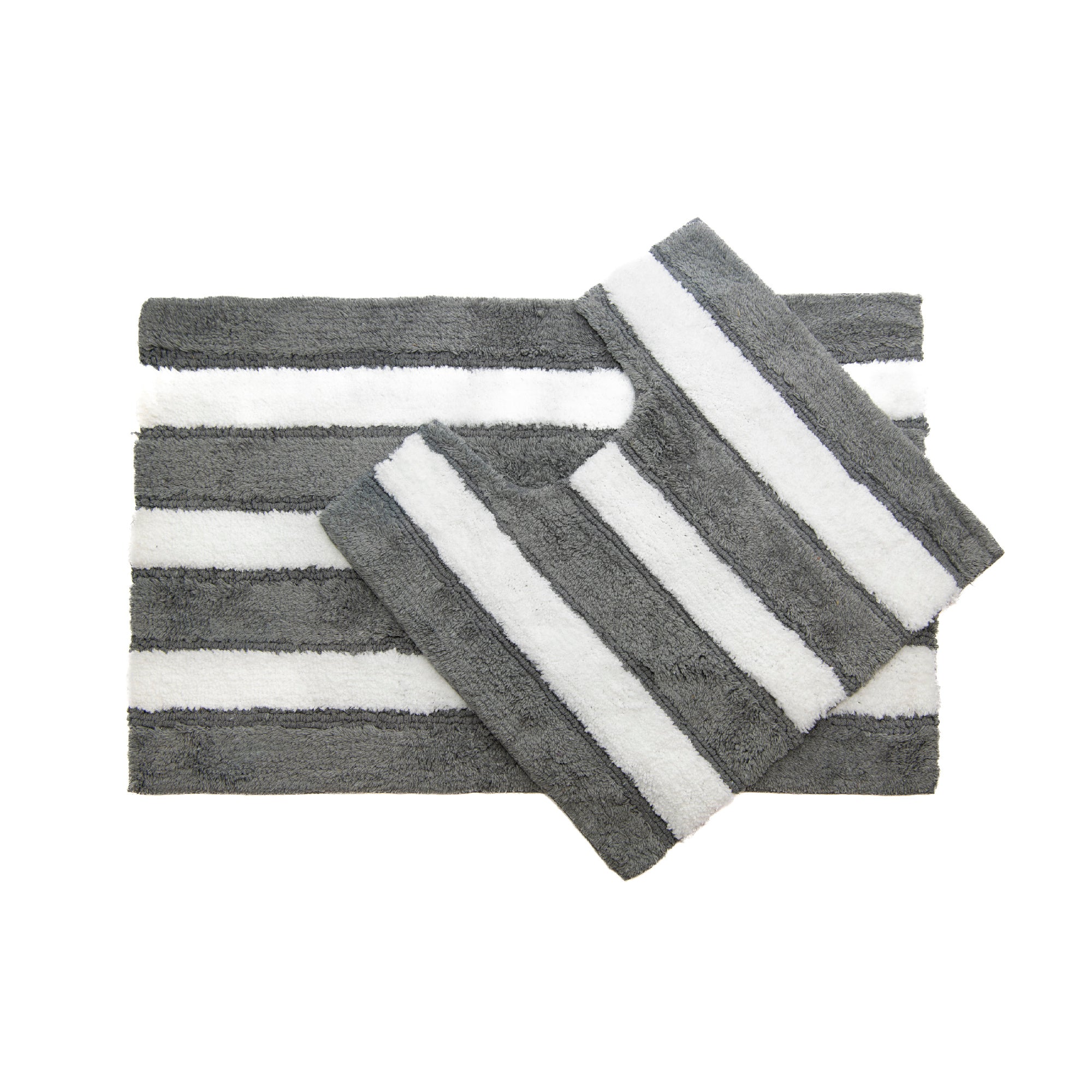 2-Piece Cotton-Polyester Bath Mat Set White with Grey Stripes