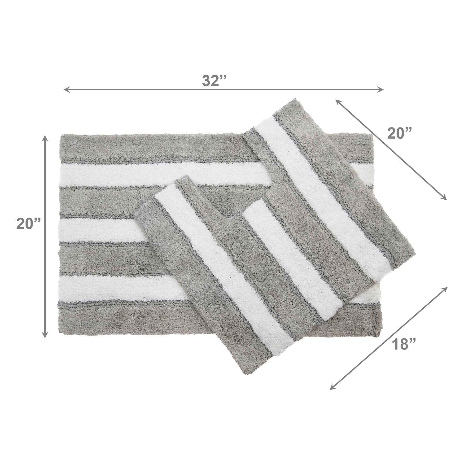 2-Piece Cotton-Polyester Bath Mat Set White with Silver Stripes