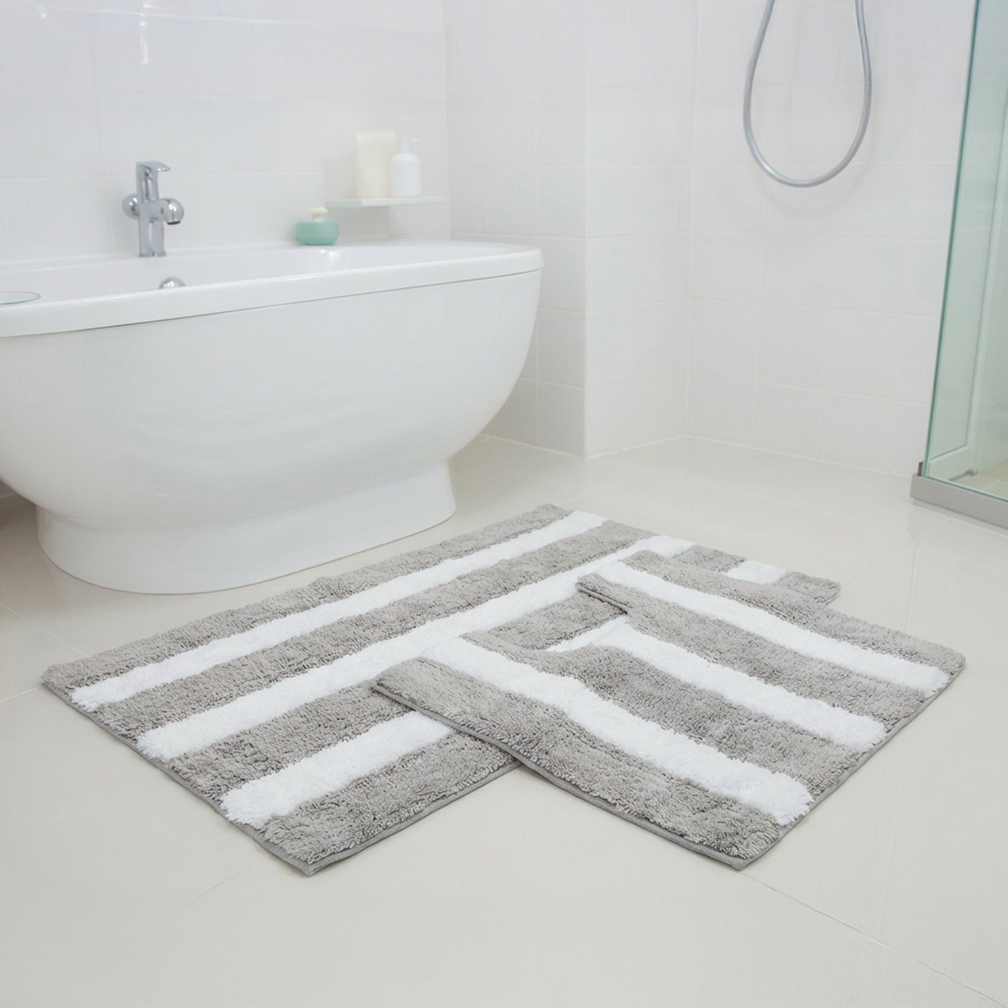 2-Piece Cotton-Polyester Bath Mat Set White with Silver Stripes