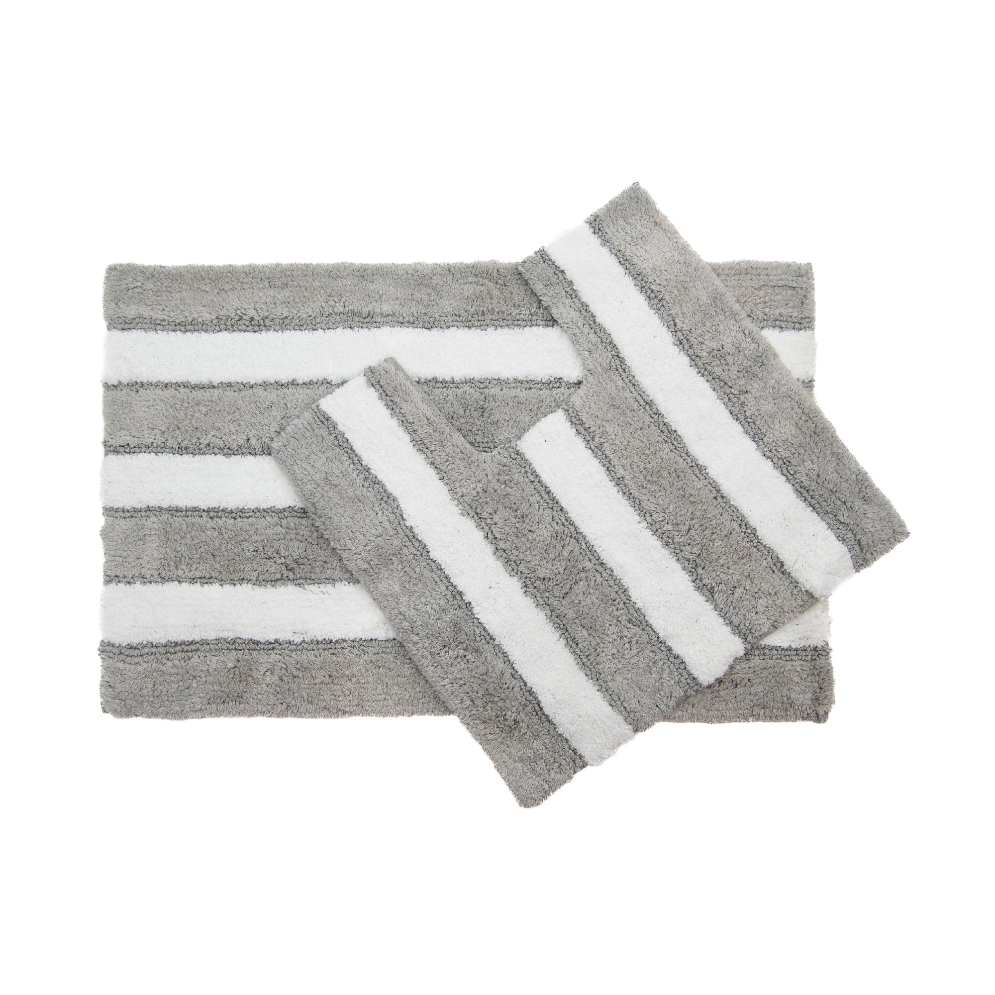 2-Piece Cotton-Polyester Bath Mat Set White with Silver Stripes