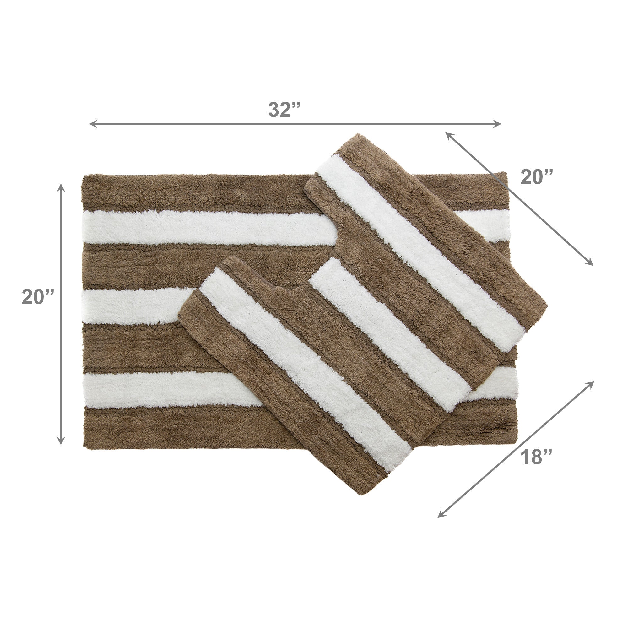2-Piece Cotton-Polyester Bath Mat Set White with Taupe Stripes