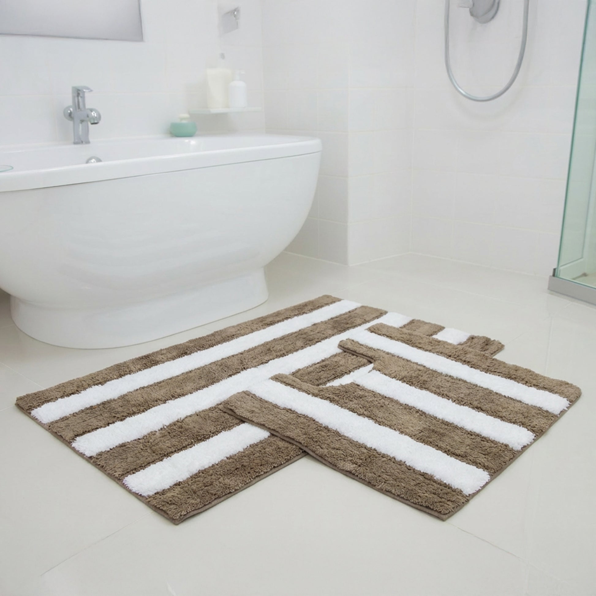 2-Piece Cotton-Polyester Bath Mat Set White with Taupe Stripes