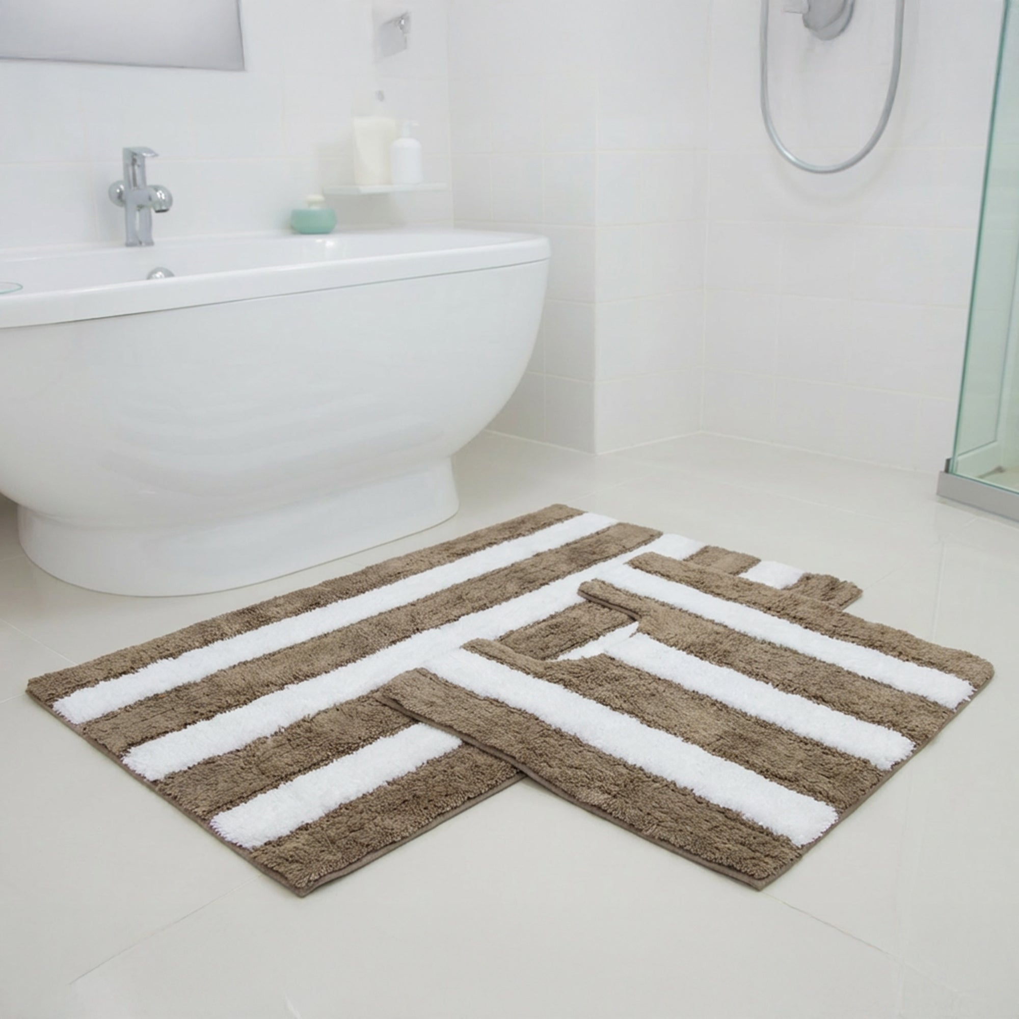 2-Piece Cotton-Polyester Bath Mat Set White with Taupe Stripes