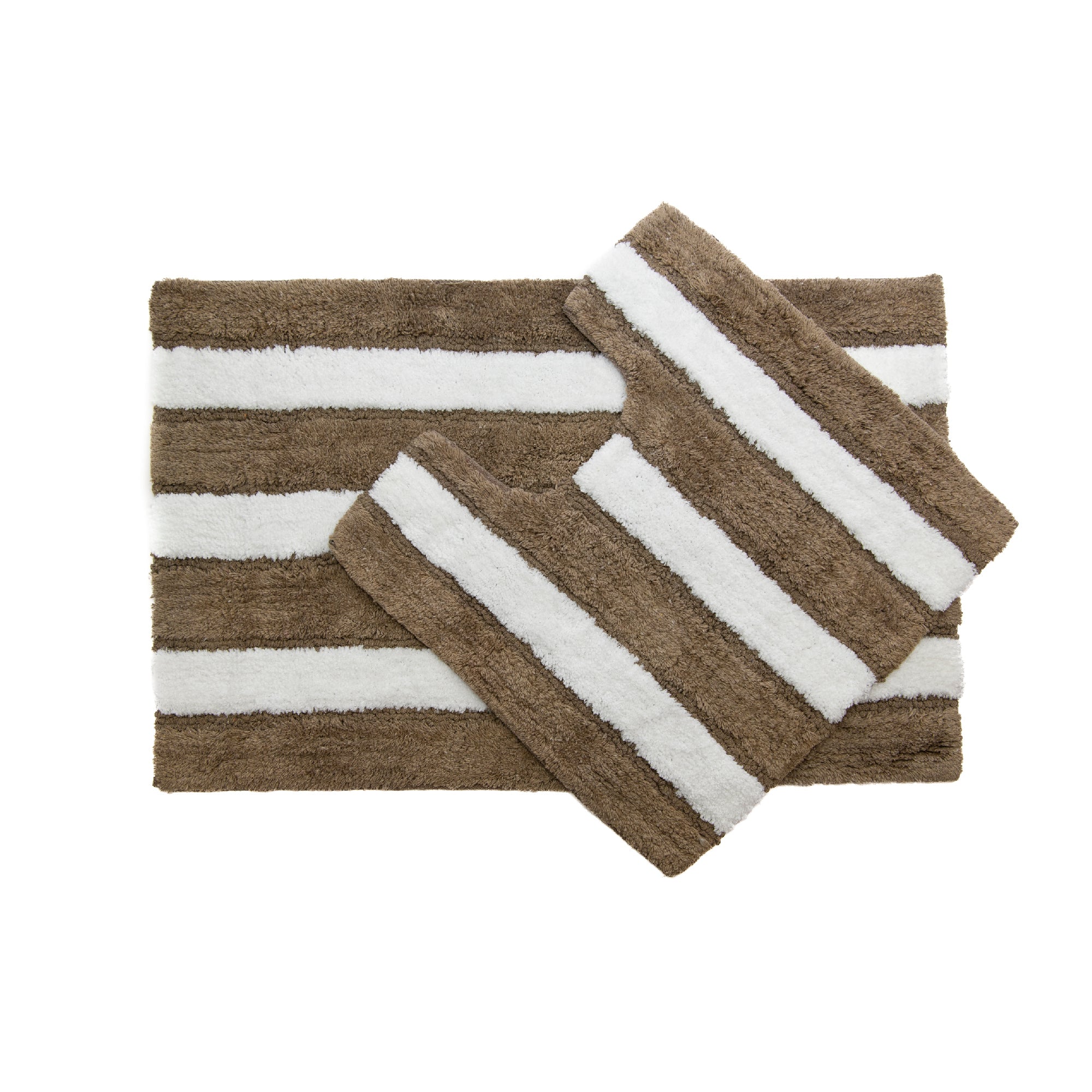 2-Piece Cotton-Polyester Bath Mat Set White with Taupe Stripes