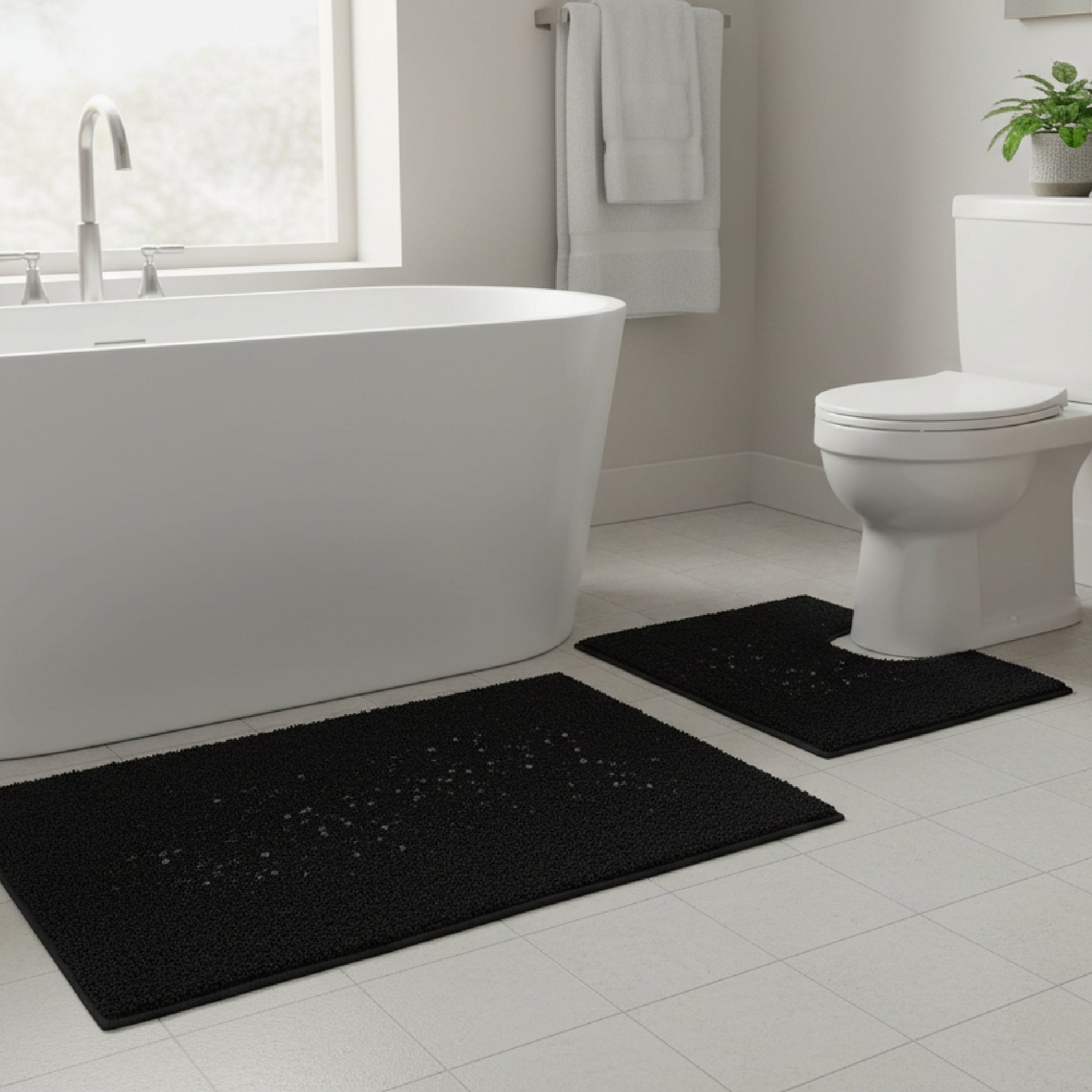 2-Piece Cotton Bath Mat Set with Rubber Backing in Black