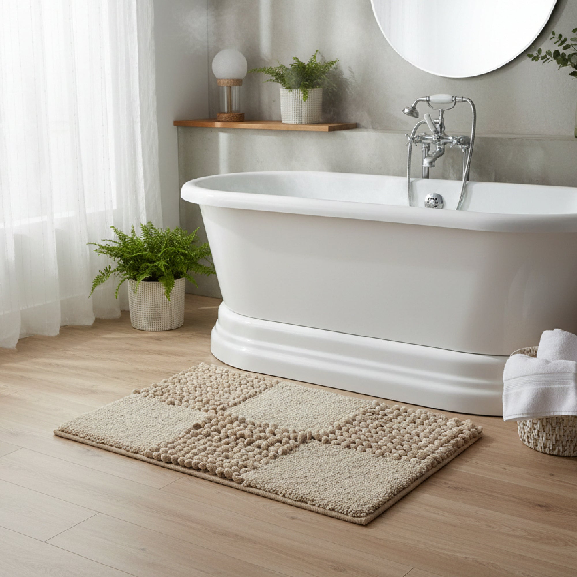 Checkered Beige Poly-Cotton Handwoven Bath Mat
